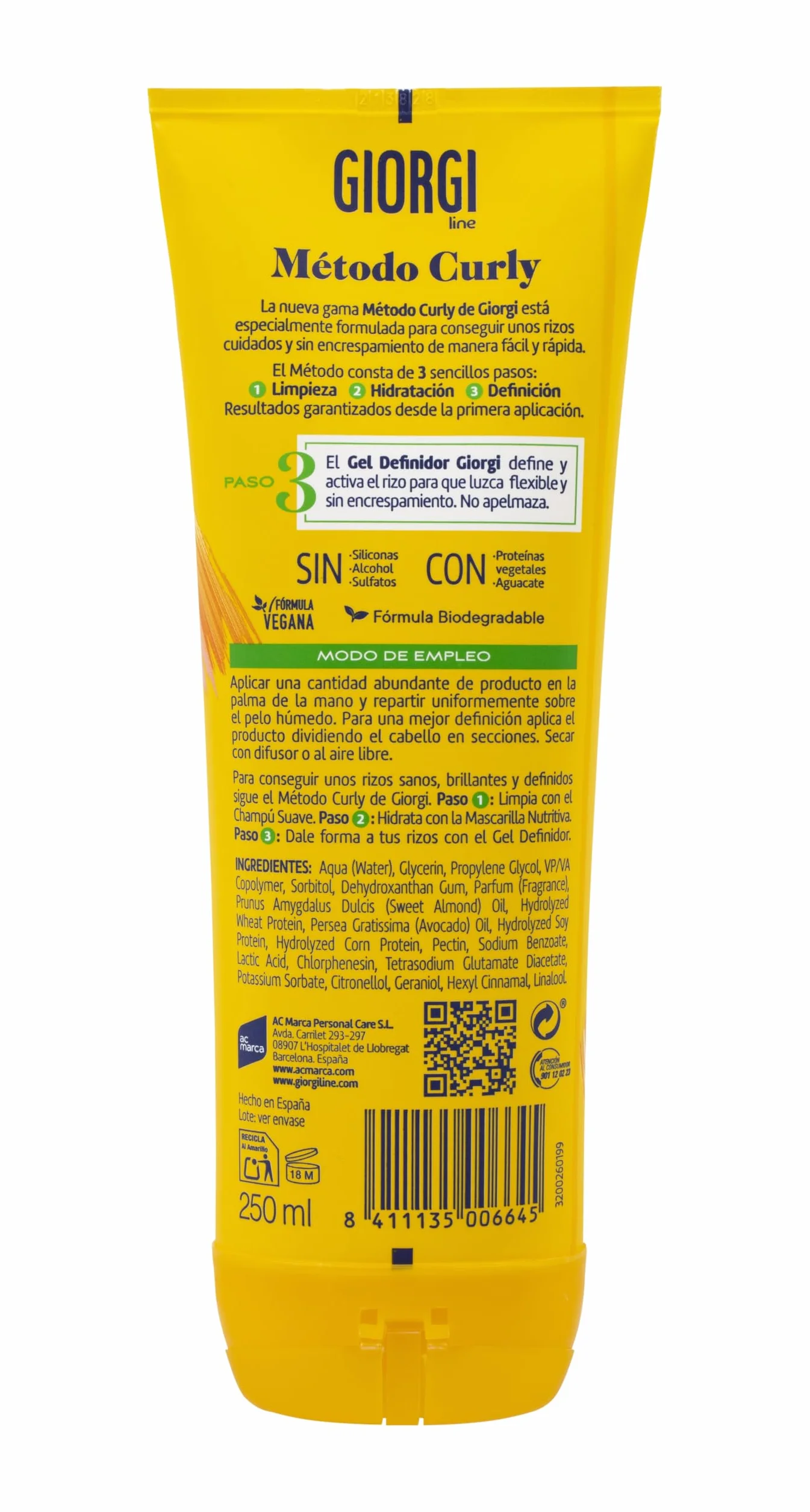 GIORGI Line Gel Definidor Curly Rizos Espectaculares 0% Alcohol Siliconas Sulfatos Proteínas Vegetales Aguacate 250 ml