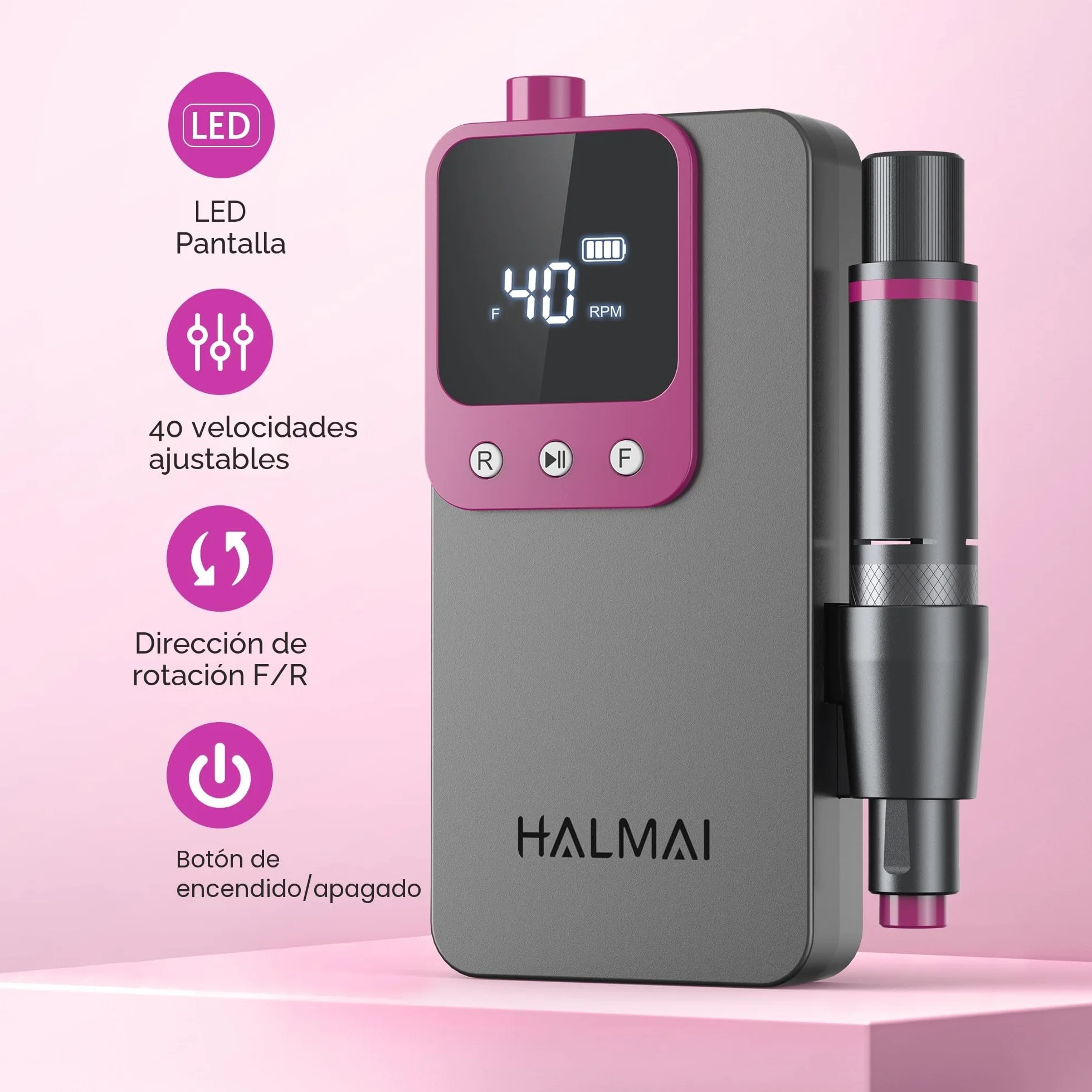 Taladro Eléctrico para Uñas Profesional HALMAI, Kit de Lima Portátil Inalámbrica para Uñas Acrílicas y de Gel, Máquina Recargable de Alta Potencia 40000 RPM para Salón - Modelo HMC320 (Gris Oscuro)