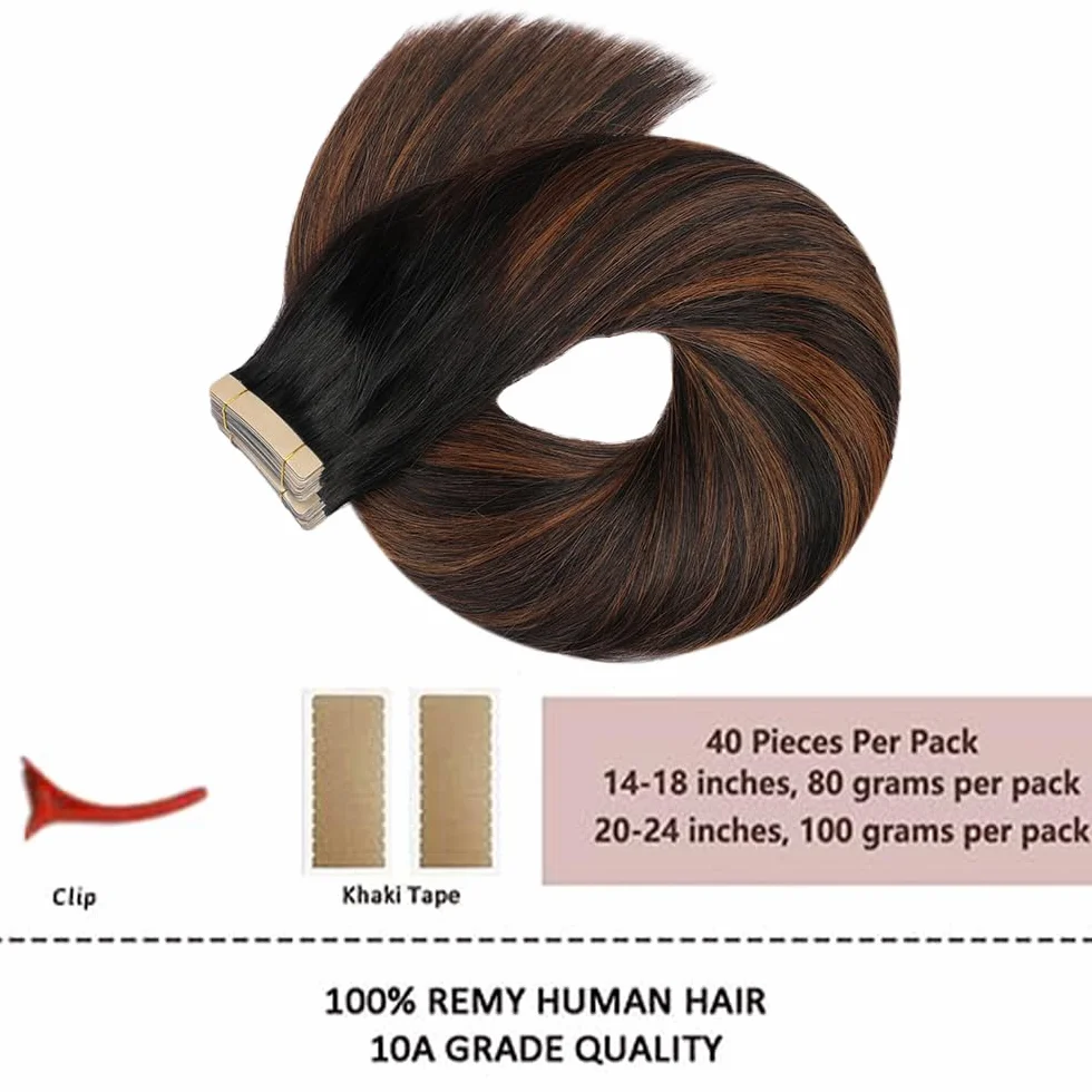 HotLulana Extensiones Adhesivas Pelo Natural Negro Marrón Castaño 1B/1B/6 40pcs 60cm 100g 24pulgadas Invisible Skin Weft Tape