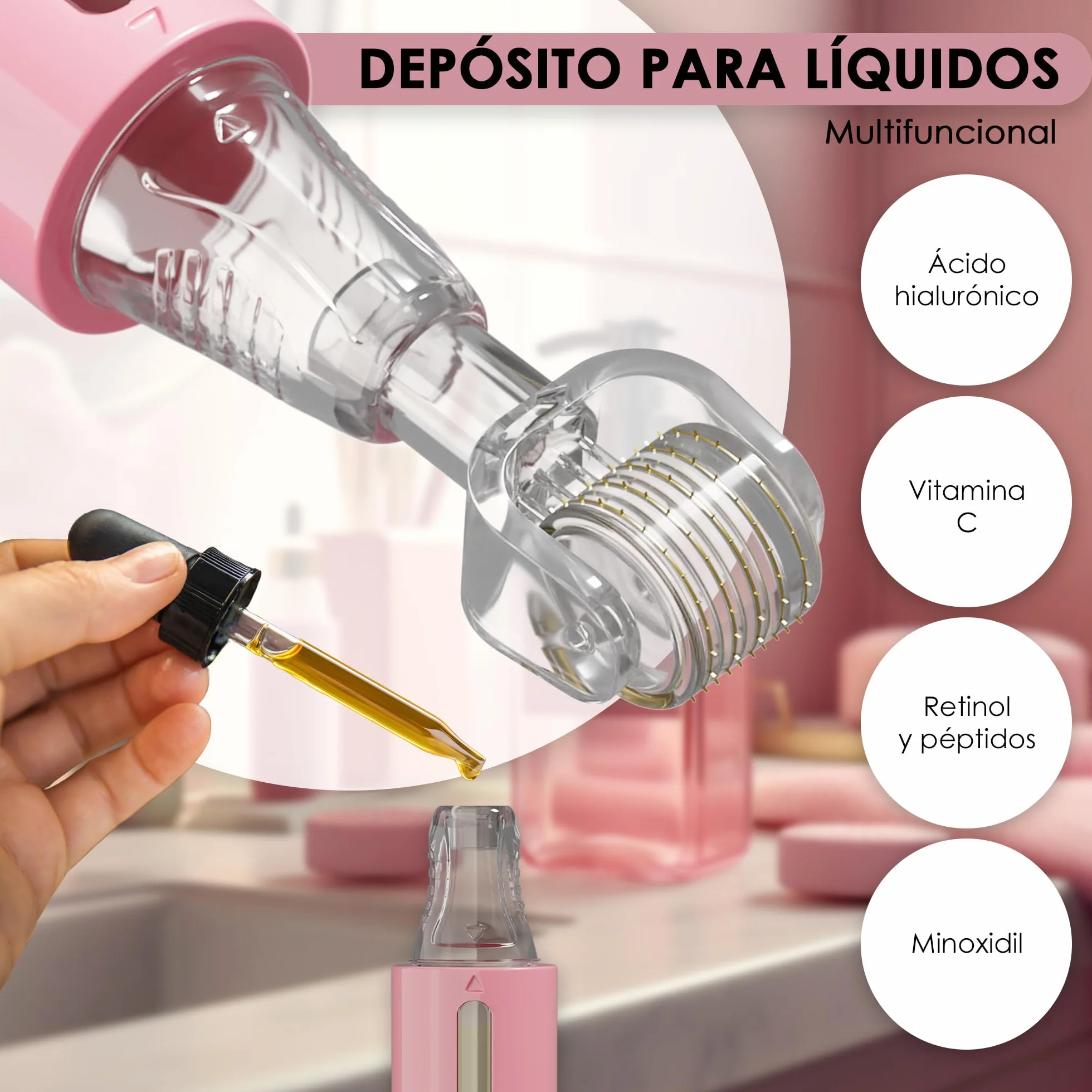 HAMINOS Derma Roller 0,25 mm con Depósito para Labios, Piel, Cabello, 105 Agujas de Titanio