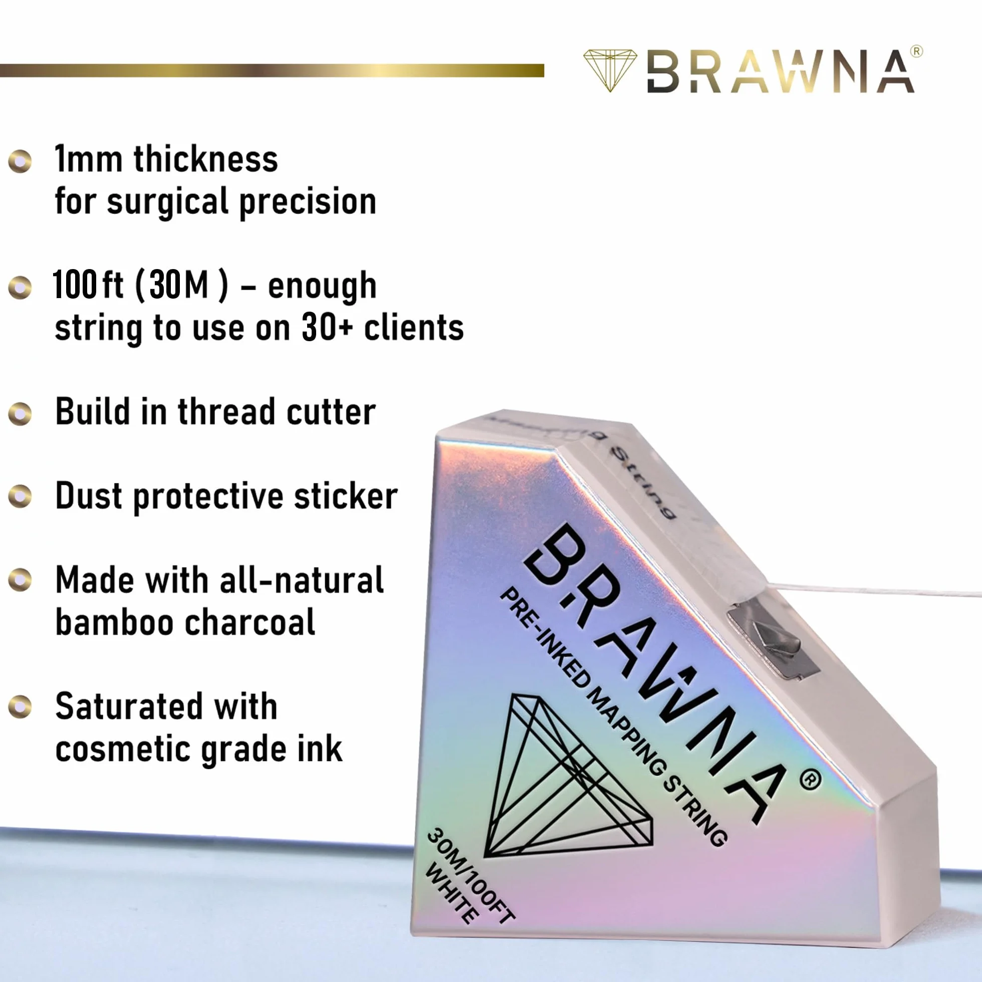 BRAWNA Hilo Blanco para Mapear Cejas 30 Metros Pre-Entintado String de Mapeo Microblading PMU
