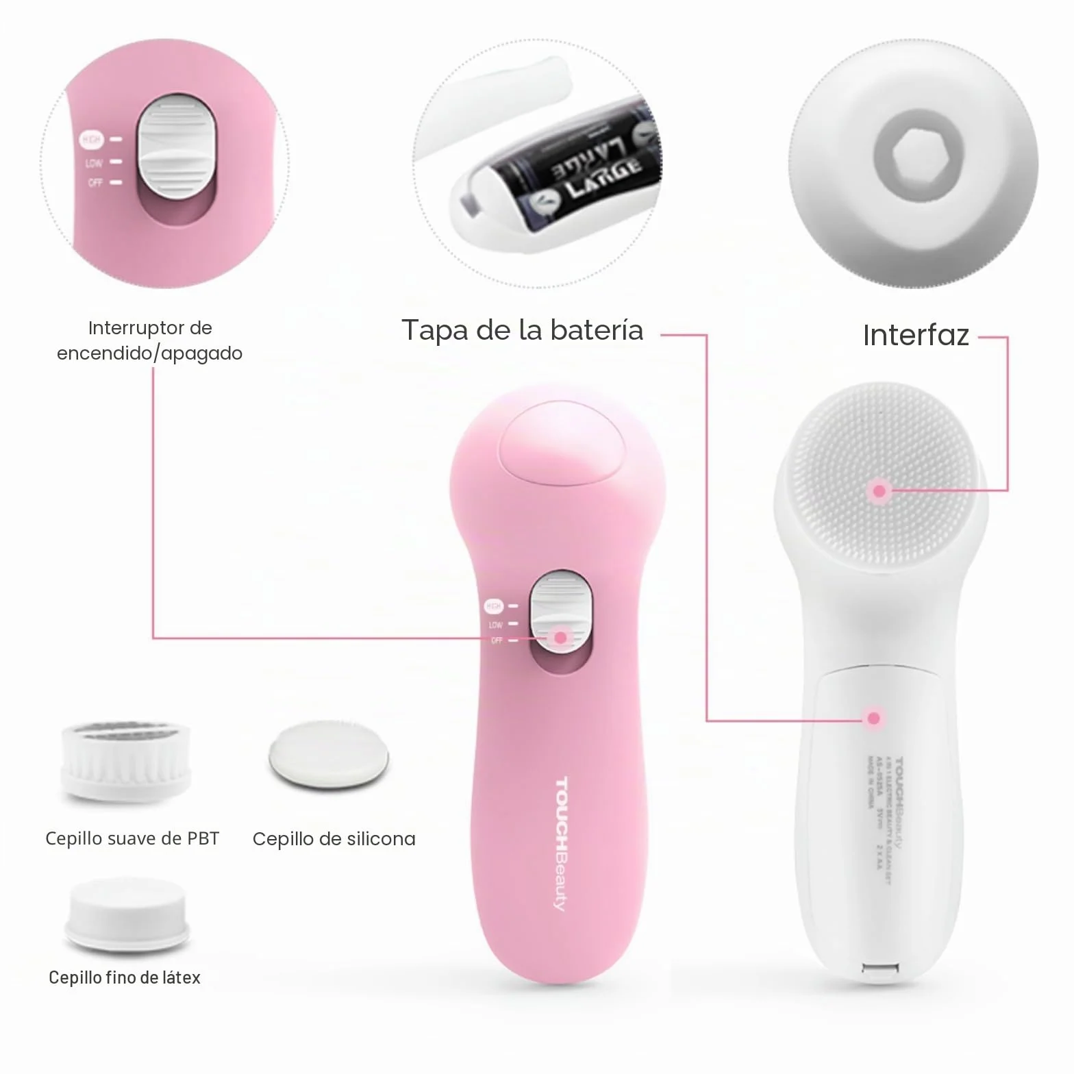 TOUCHBeauty Limpiador Facial Eléctrico 360° Giratorio con 3 Cabezas, 2 Velocidades, Rosa Ópalo