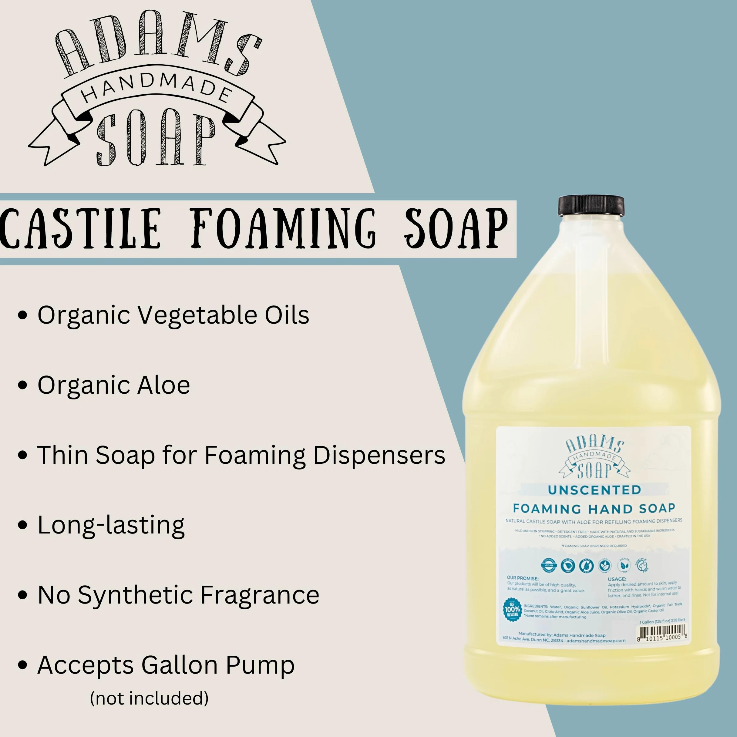 Adams Handmade Soap Jabón líquido, jabón espumoso, Castilla fina, recarga de 3,8 l, sin perfume