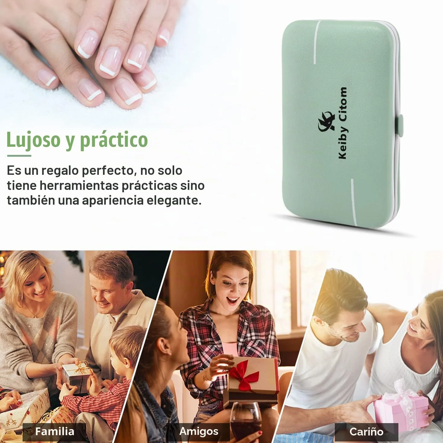 Set de Manicura Pedicura Profesional Cortaúñas Acero Inoxidable 10 Piezas Caja de Cuero Verde