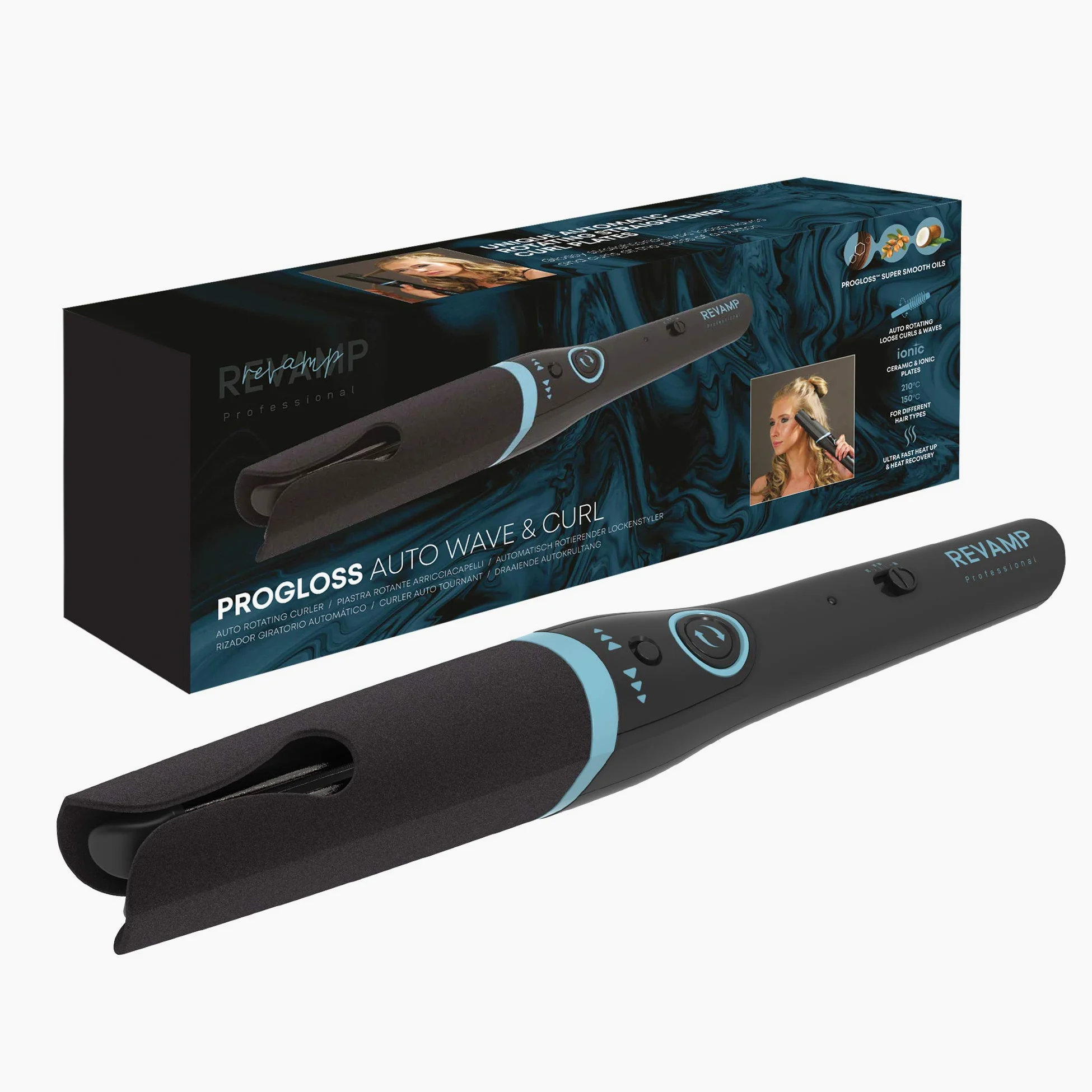 REVAMP PROGLOSS AUTO WAVE and CURL Rizar el cabello con placas móviles en sentido horario y antihorario Suelta el cabello brillante y ondulado