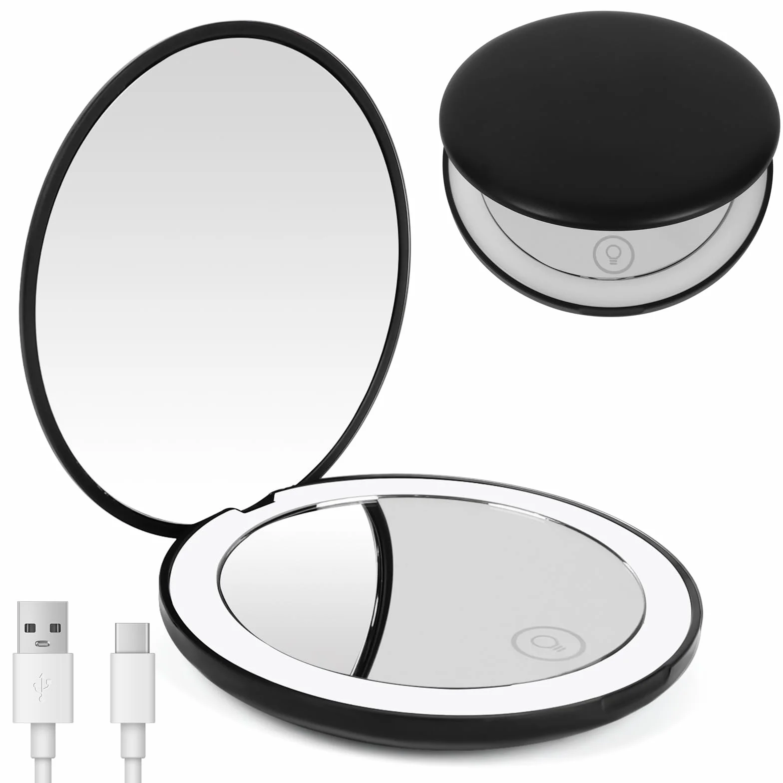 Mini Espejo de Maquillaje LED Plegable Recargable por Type-C Compacto con Aumento 1X/10X