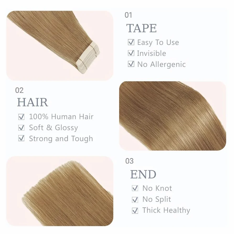 Extensiones adhesivas de pelo humano recto invisible, #27, rubio miel, 24 pulgadas, 10 piezas/40 g, extensiones de pelo humano para mujer, mínimo, smell low Shedding