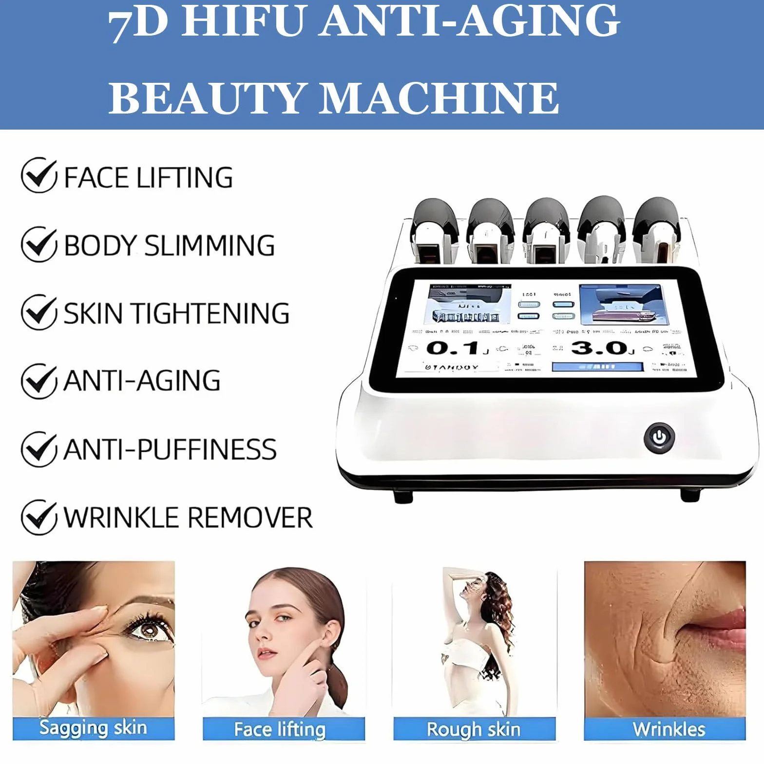 Máquina reafirmante HIFU 7D profesional para el cuidado y rejuvenecimiento facial y corporal. Efecto lifting, tonifica, reafirma y elimina arrugas. Ideal para uso doméstico o en salón de belleza