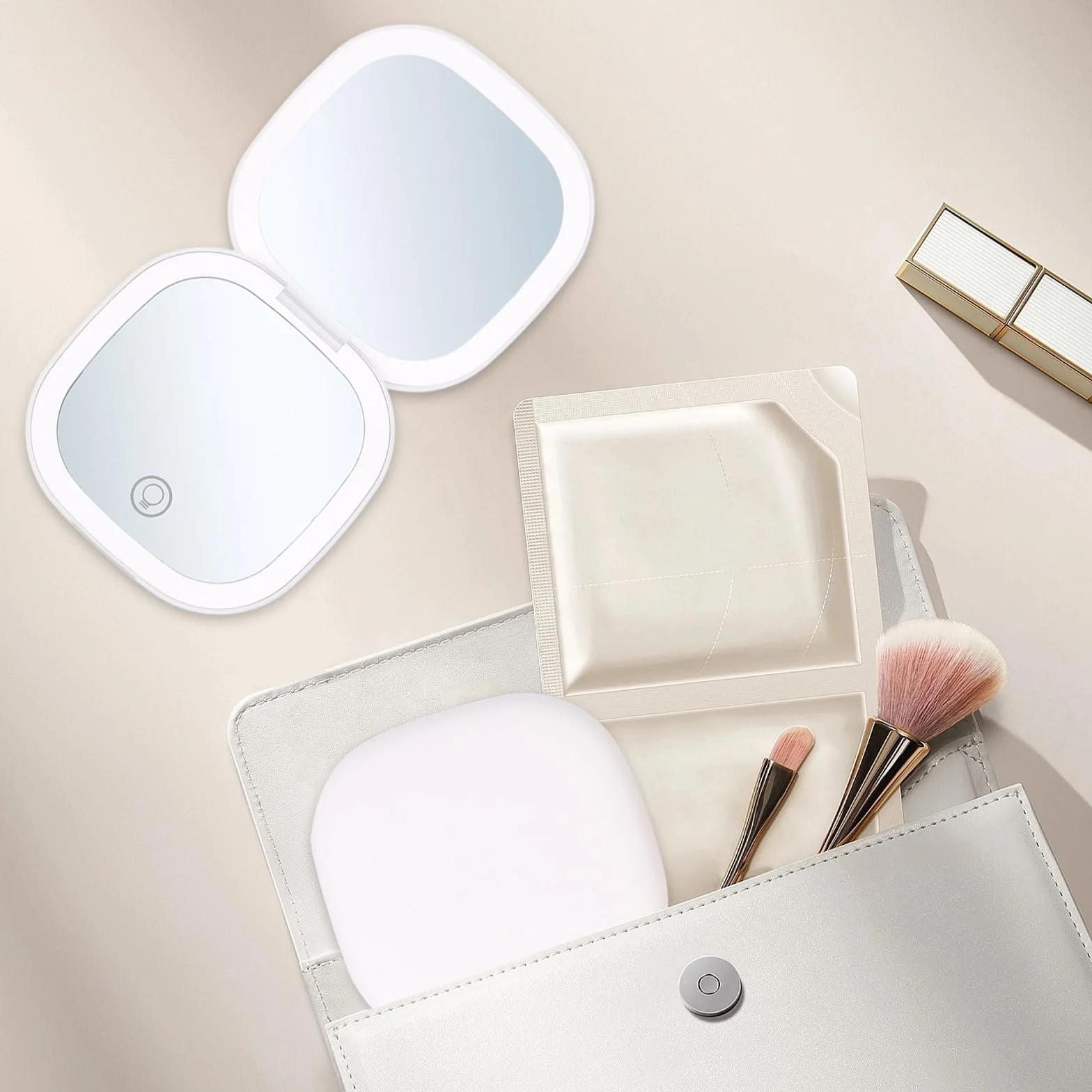 Colexy Espejo de Bolsillo con Aumento 1X/5X, Espejo de Maquillaje Compacto con Luz LED, Recargable y Plegable Doble Cara