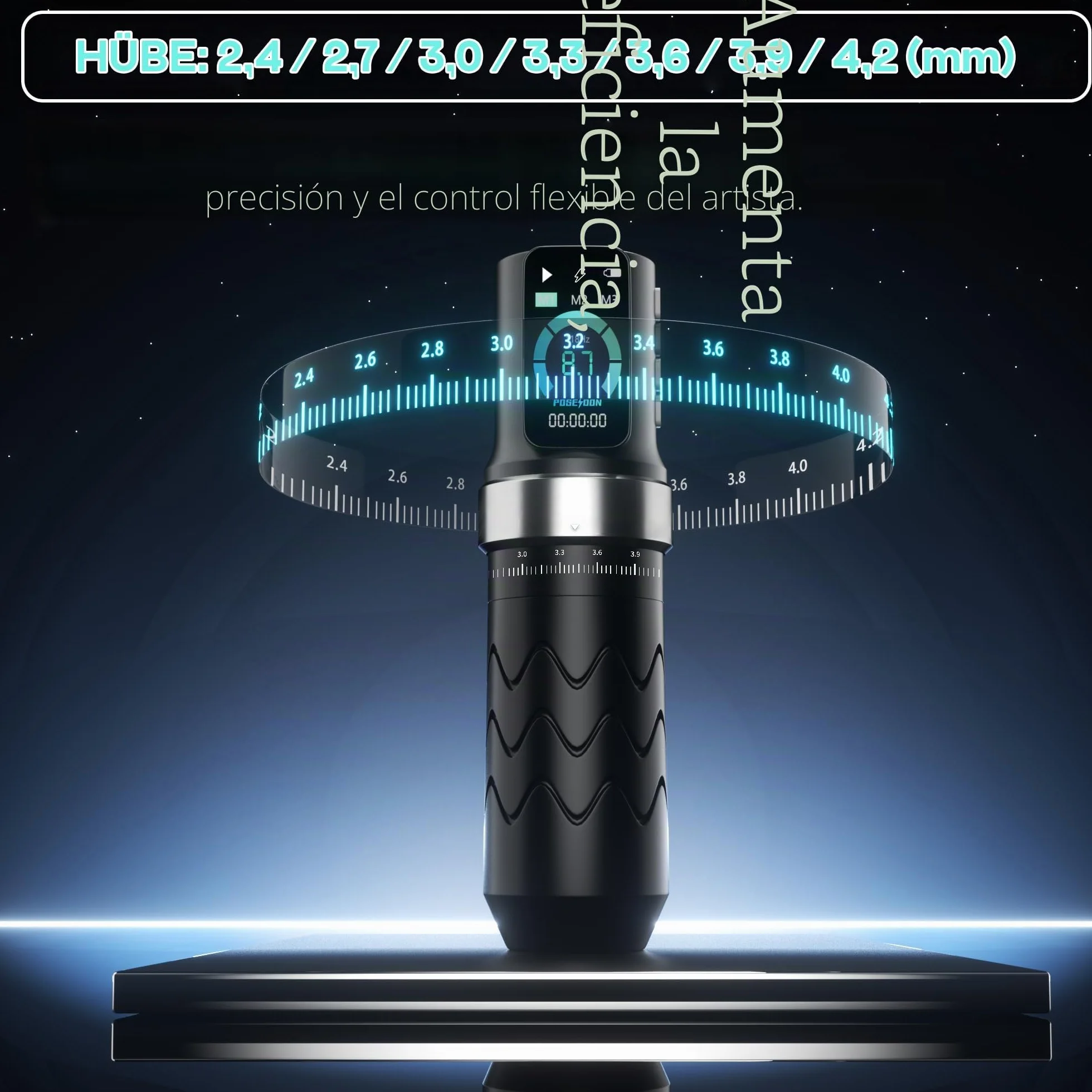 Kit de máquina de tatuaje inalámbrica POSEIDON con 7 ajustes de hub, dos baterías de 2300 mAh, modo normal/punteado y pantalla LED - Dispositivo de tatuaje inalámbrico profesional para principiantes