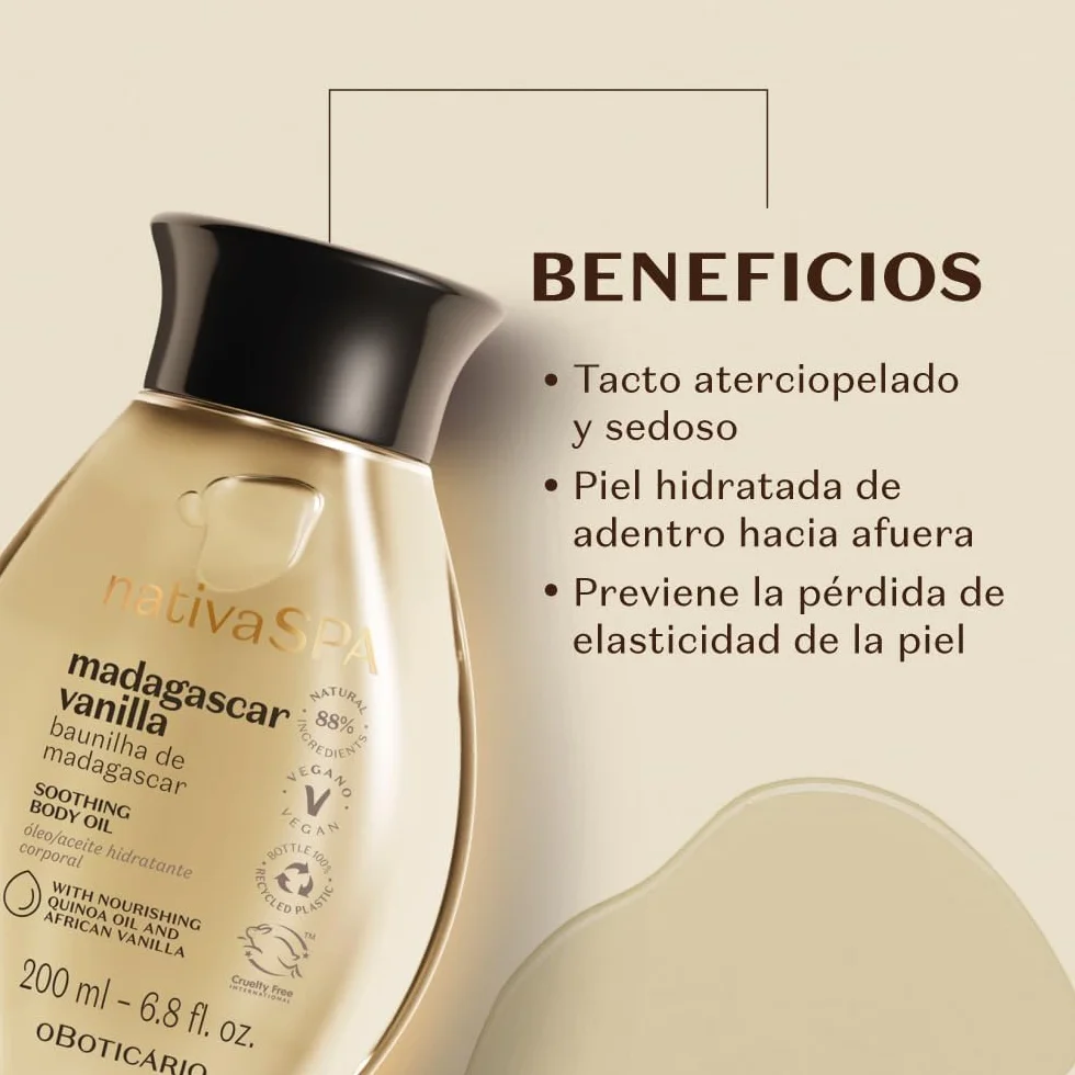 O Boticário | Nativa SPA | Vainilla | Aceite Corporal Perfumado | 3x 200 ml | Vegano | Con Gotas de Quinoa | Hidratación Profunda | Piel Suave y Sedosa | Absorción Rápida | Vainilla de Madagascar