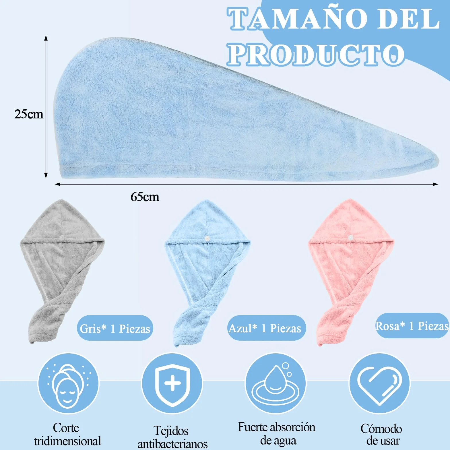 KASURE Toalla Microfibra Pelo 3 Piezas Gris Azul Rosa Gorras Botones Secado Rapido Anti Frizz