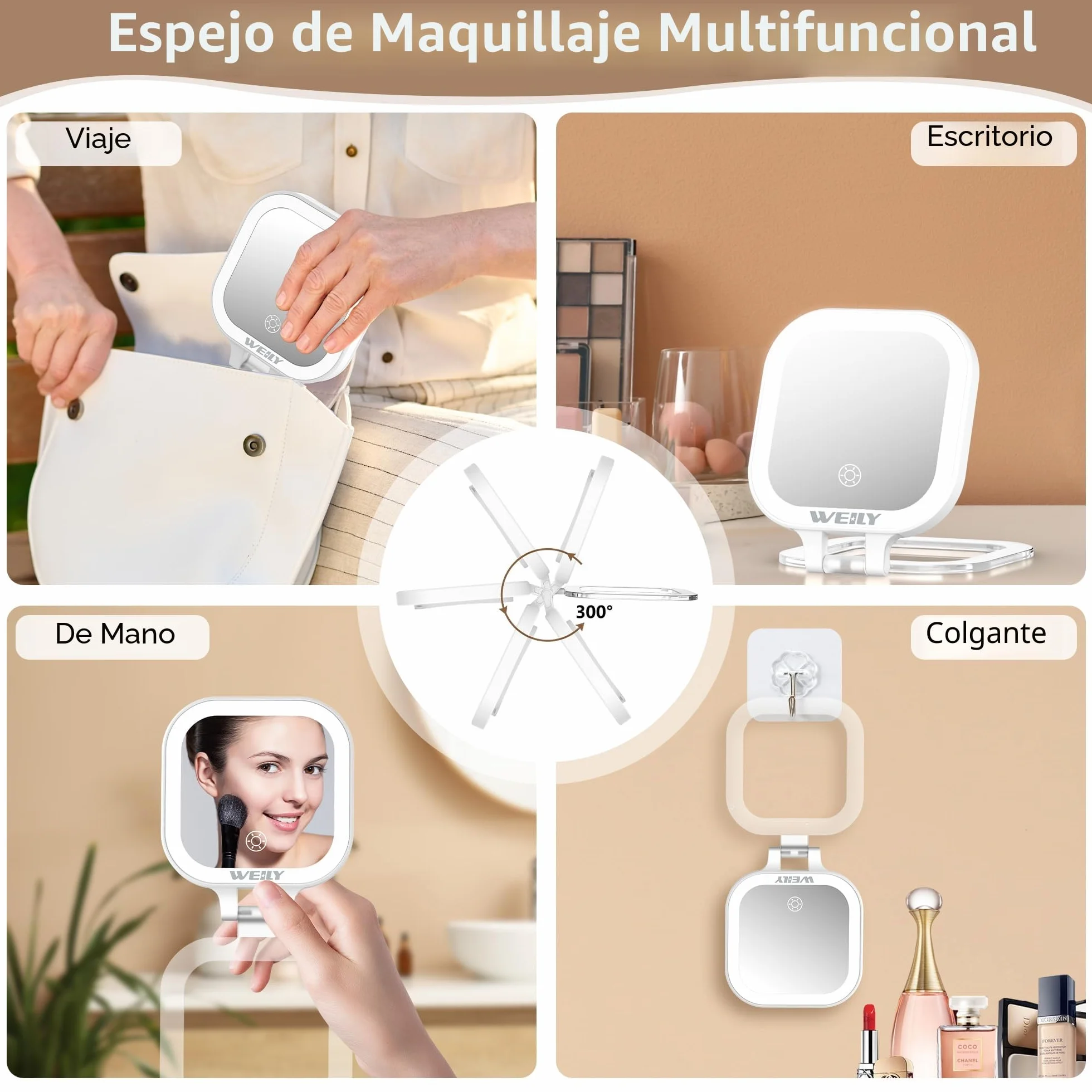 WEILY Espejo Maquillaje con Luz, 1X/10X Doble Cara Aumento, Espejo de Viaje con 3 Luces de Color y Control Táctil, Recargable USB Blanco