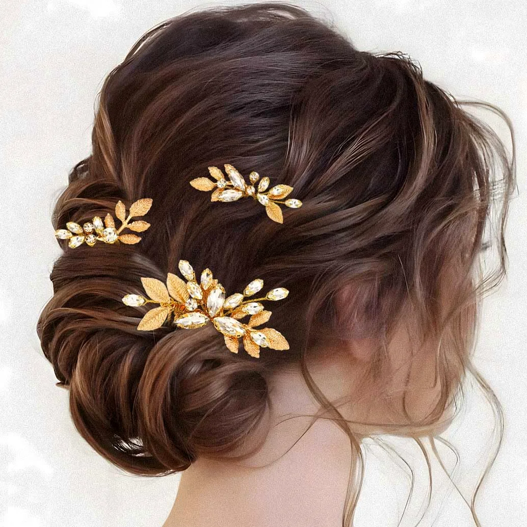 Horquillas para el pelo de novia con diamantes de imitación dorados, accesorios para el cabello de boda para mujeres y niñas (paquete de 3)