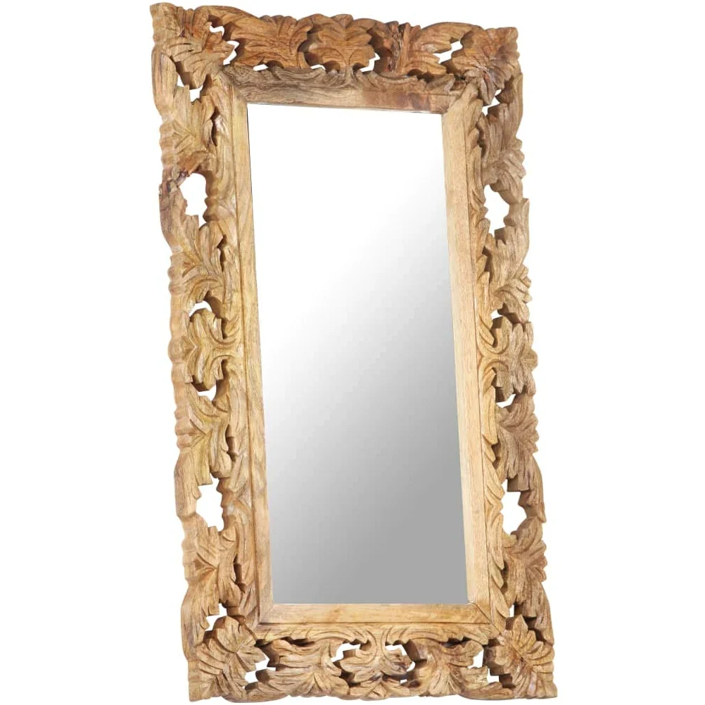 Espejo tallado a mano marrón de madera maciza de mango 80 x 50 cm con acabado natural para salón, baño, pasillo, decoración, cosméticos, maquillaje, cuerpo entero