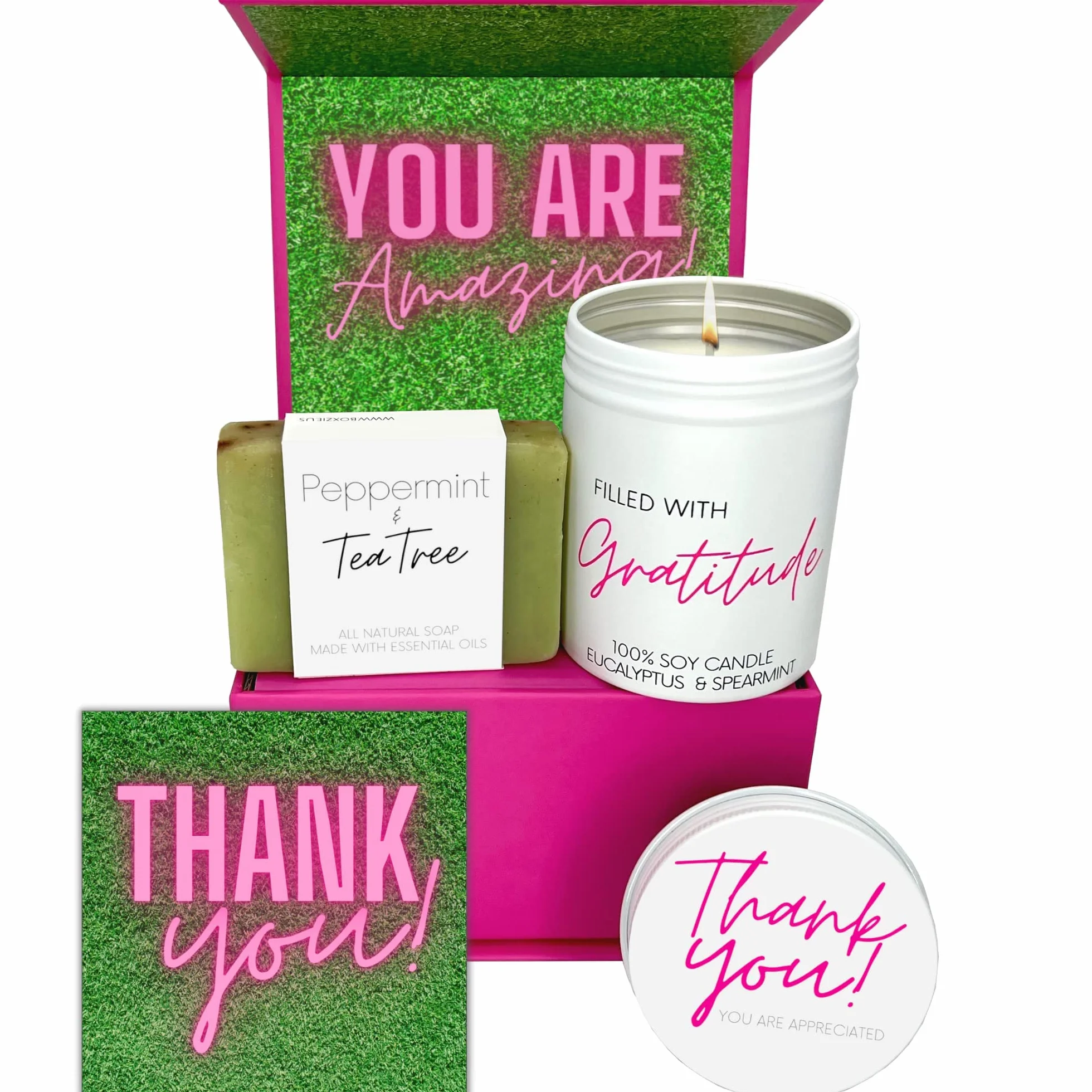Boxzie Regalos de agradecimiento para mujeres, juego de caja de regalo de agradecimiento, bonitas ideas de cesta de gratitud, regalos de velas pensados para empleadas, jefes, compañeros de trabajo,