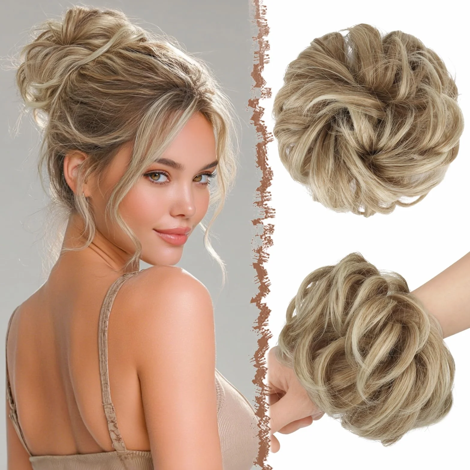 FESHFEN Moños Postizos Natural Rizado Ondulado Sintético 55g Rubio Mixto Ceniza