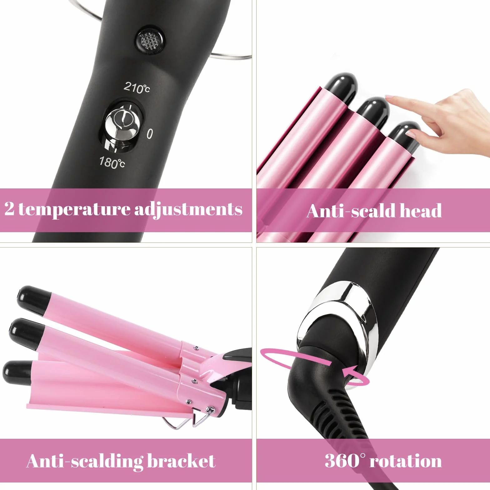 Rizador de Pelo 3 Tubos 22mm Ajustable 180℃/210℃ Turmalina Cerámica con 2 Clips Guante Rosa