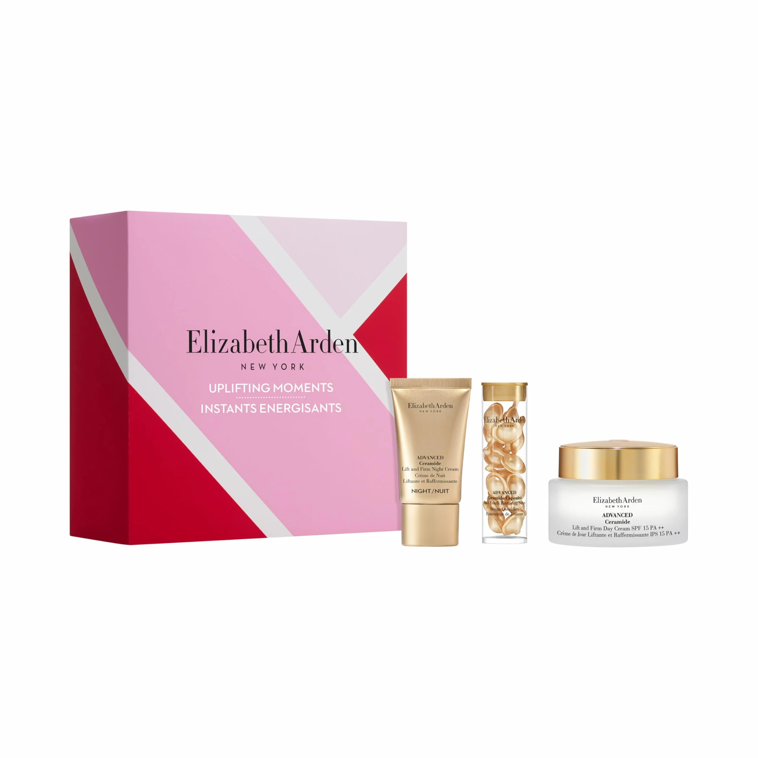 Elizabeth Arden - Uplifting Moments Set Regalo 3 Piezas, Cápsulas en Sérum Antiedad Advanced Ceramide, Crema de Noche Lift and Firm y Crema de Día SPF 15, Rutina de Skincare Hidratante y Reafirmante