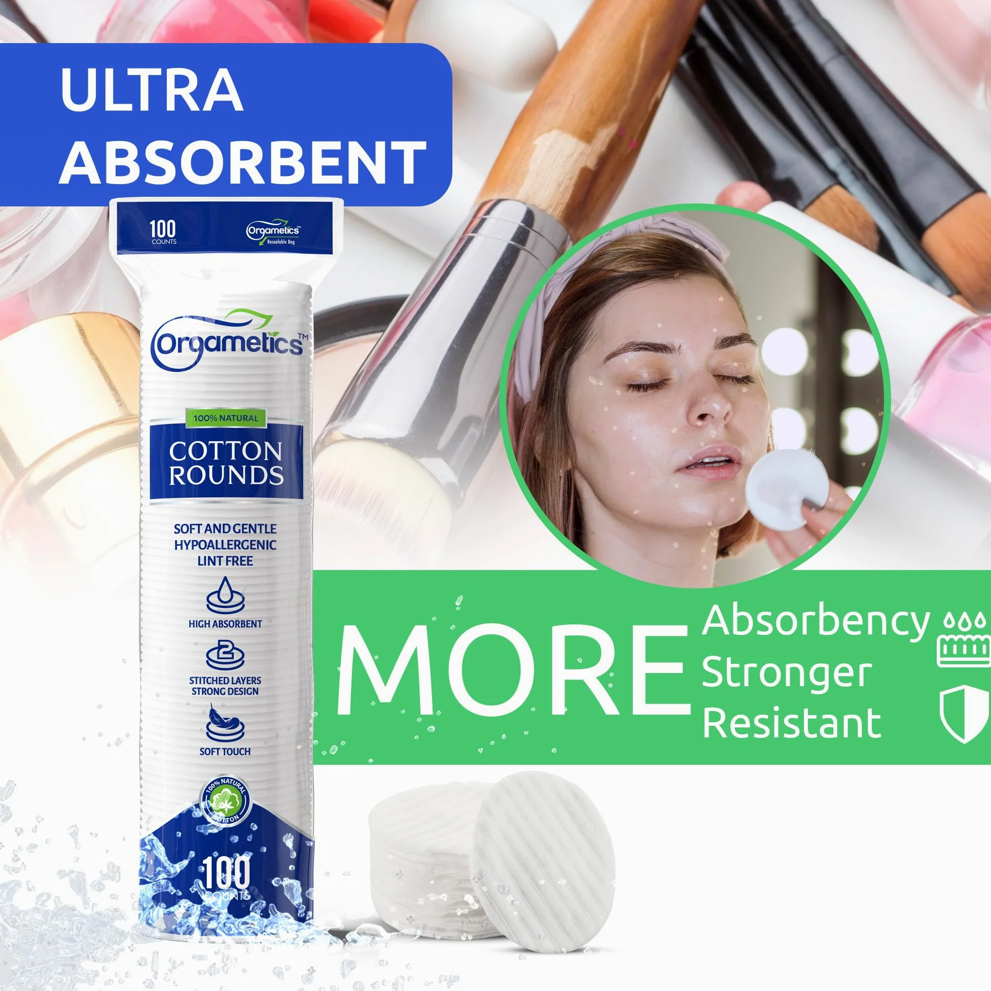 ORGAMETICS Cotton Rounds, 100% algodón turco natural premium removedor de maquillaje y limpieza facial almohadillas redondas de algodón, sin pelusas, hipoalergénico y ultra suave, 2.25 pulgadas de
