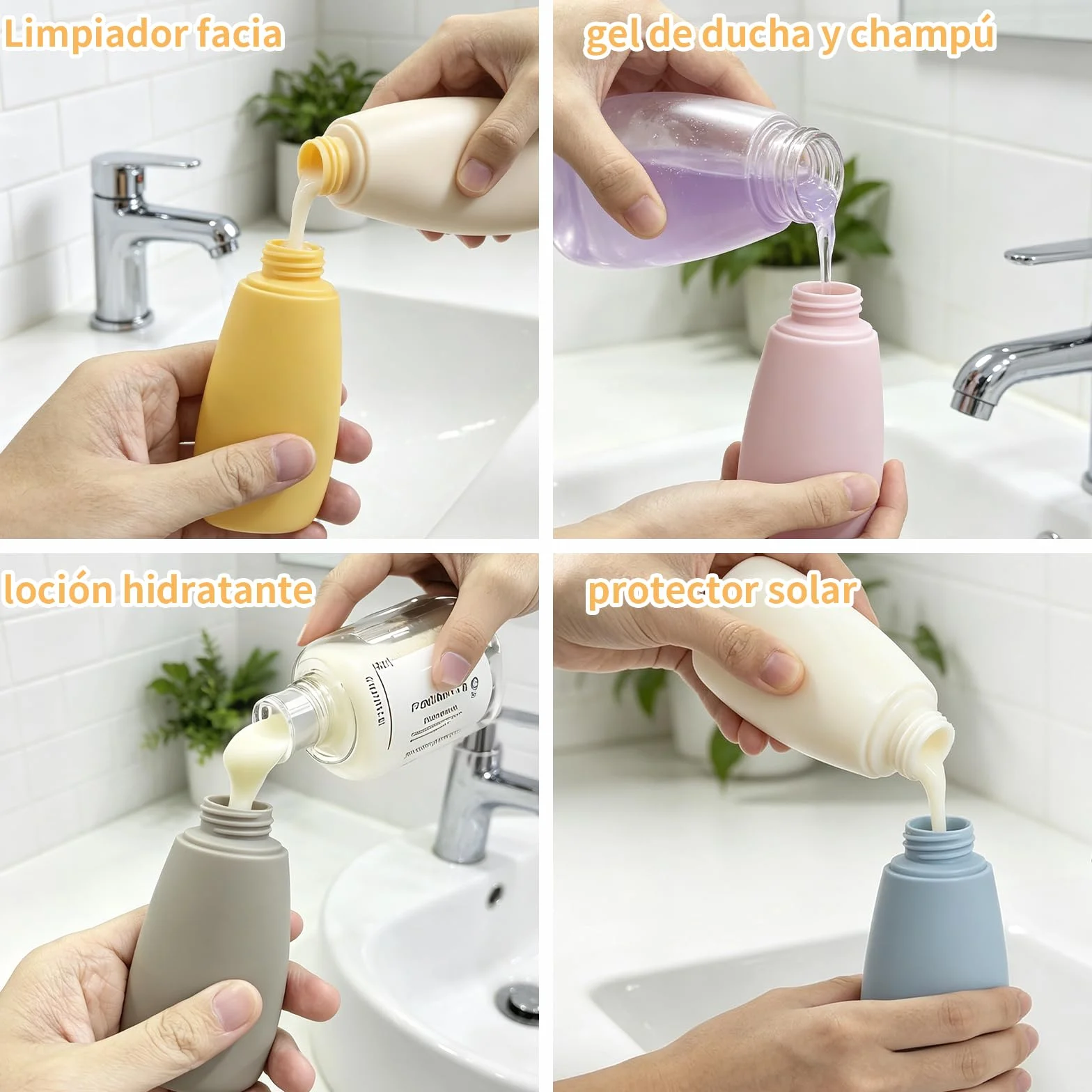 Botellas de Viaje Silicona 4 Pack - Botes Rellenables Sin BPA para Champú y Lociones