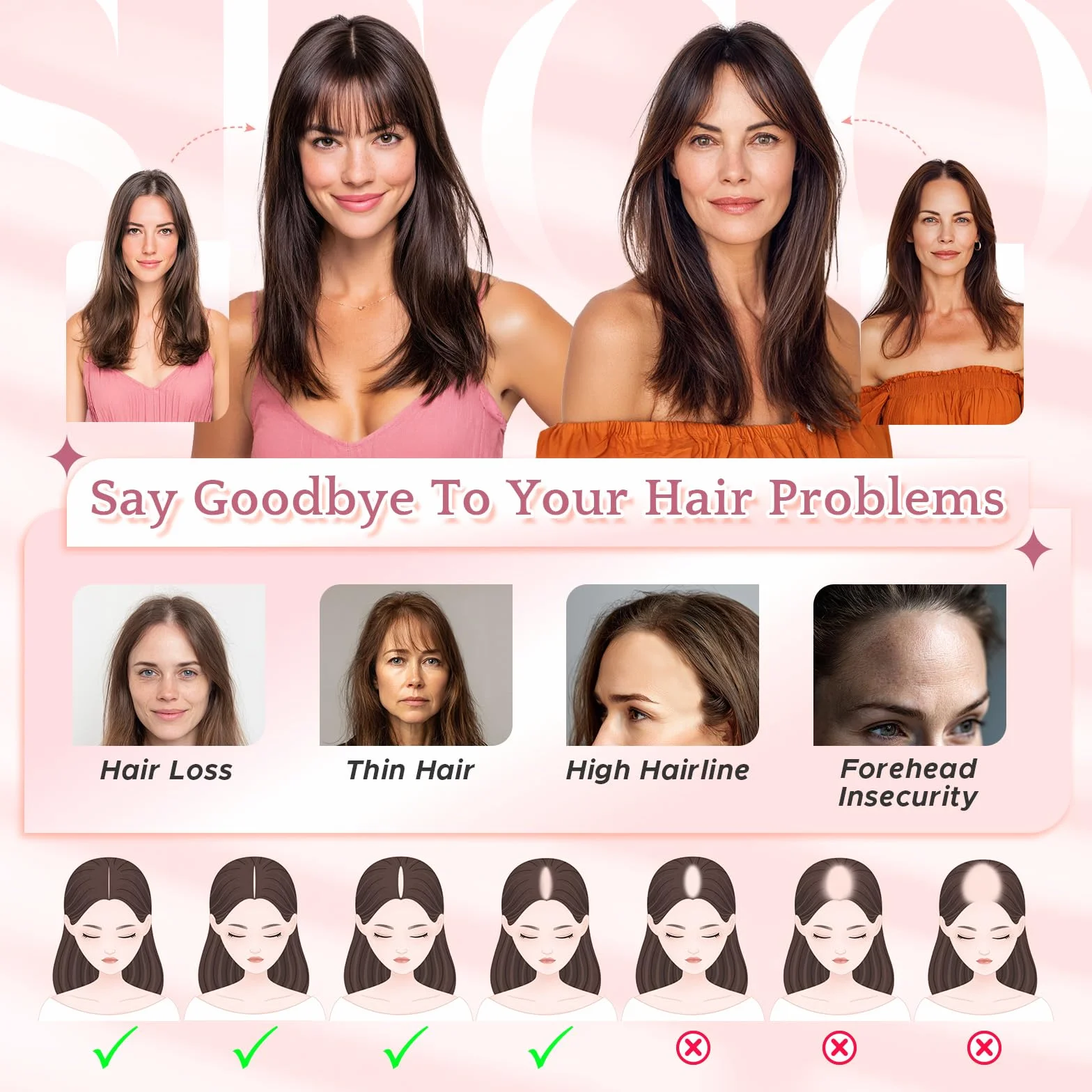 SEGOHAIR Tope de pelo humano para mujeres con flequillo Wispy, 7 x 11 cm, para cabello fino, con cobertura 3D de 360° y base cosida a mano, 14 g, color marrón medio