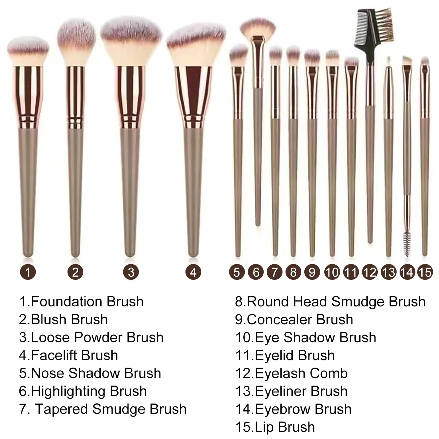 Juego de Brochas de Maquillaje Profesional 15 Piezas, Pinceles Sintéticos para Base, Ojos y Polvo con Bolsa