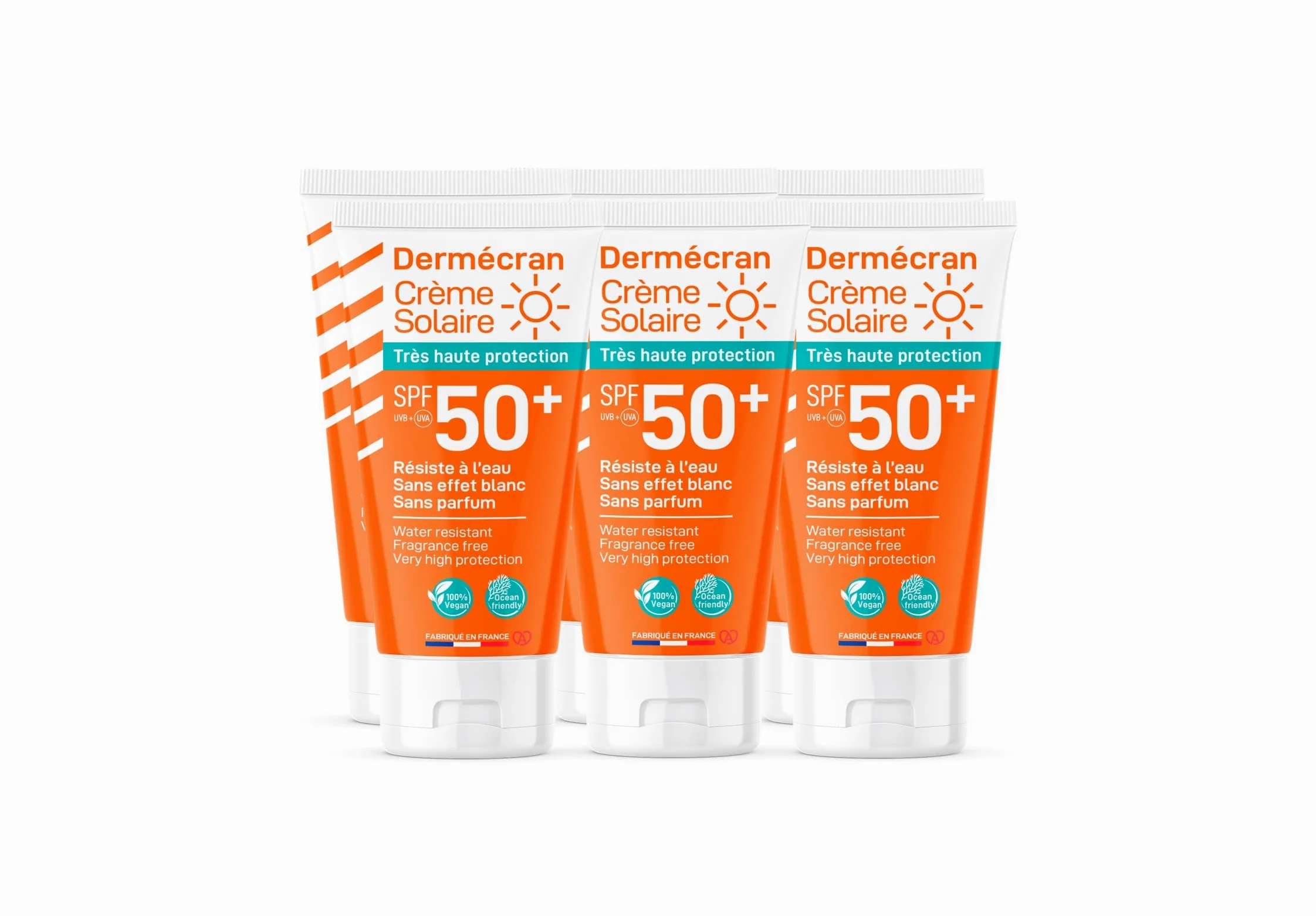 Lote de 6 - Dermecran - Protector solar SPF50+ - Cara y cuerpo - Fórmula vegana & Ocean Friendly - Resistente al agua - Para toda la familia a partir de 3 años - Tubo de 50 ml