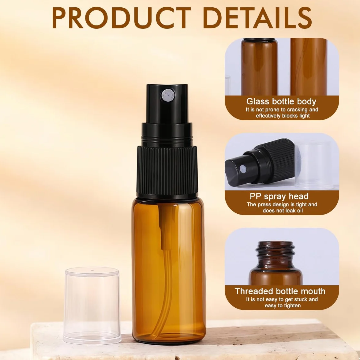 Botellas de vidrio 10 ml con atomizador de niebla fina, vacías rellenables, ámbar, para aceite esencial y perfume