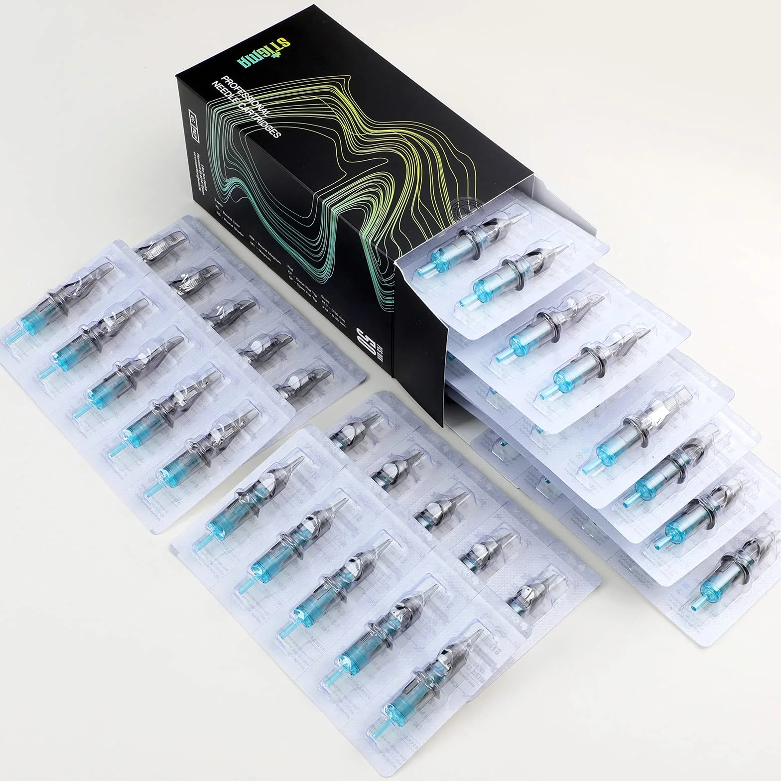 STIGMA Cartuchos de Tatuaje Aguja para Tatuar #12 Modelo Mezclado RL+RM (1203RL 1205RL 1207RL 1209RM 1215RM) Standard Tattoo Cartridge Needles Estándar 0.35mm Desechable con Membrana EN02B-50KIT-X