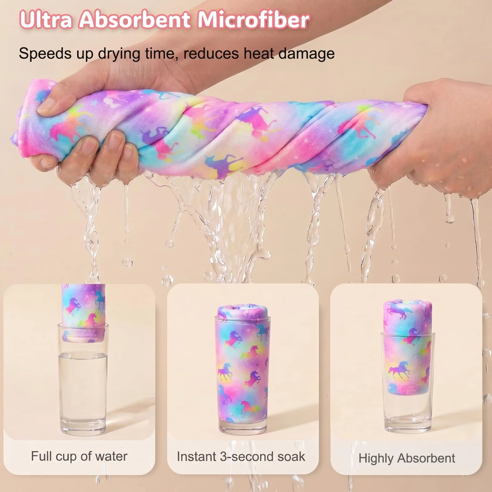 Toallas para el Cabello de Microfibra, 2 Piezas, Súper Absorbente, Turbante de Secado Rápido con Botón