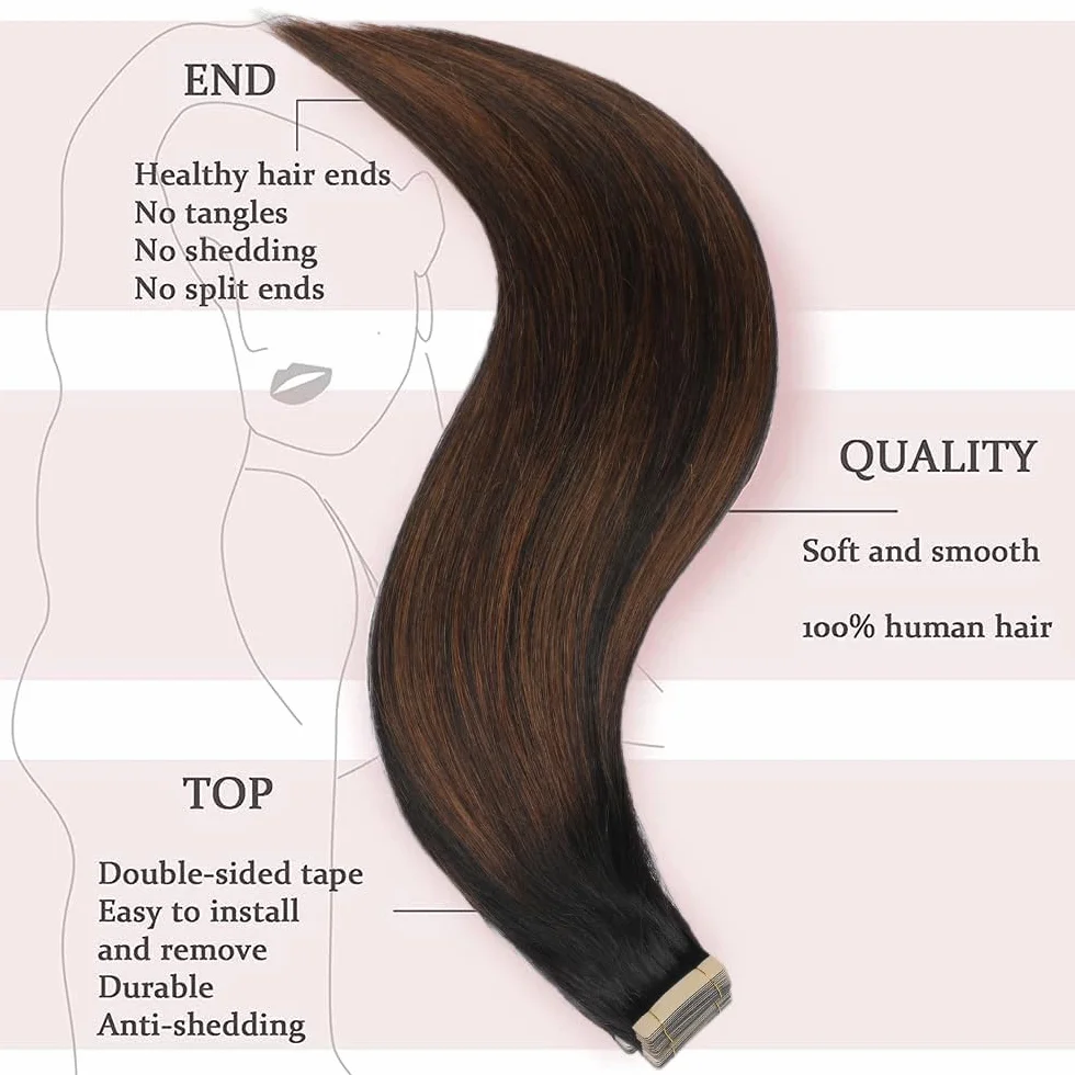 HotLulana Extensiones Adhesivas Pelo Natural Negro Marrón Castaño 1B/1B/6 40pcs 60cm 100g 24pulgadas Invisible Skin Weft Tape