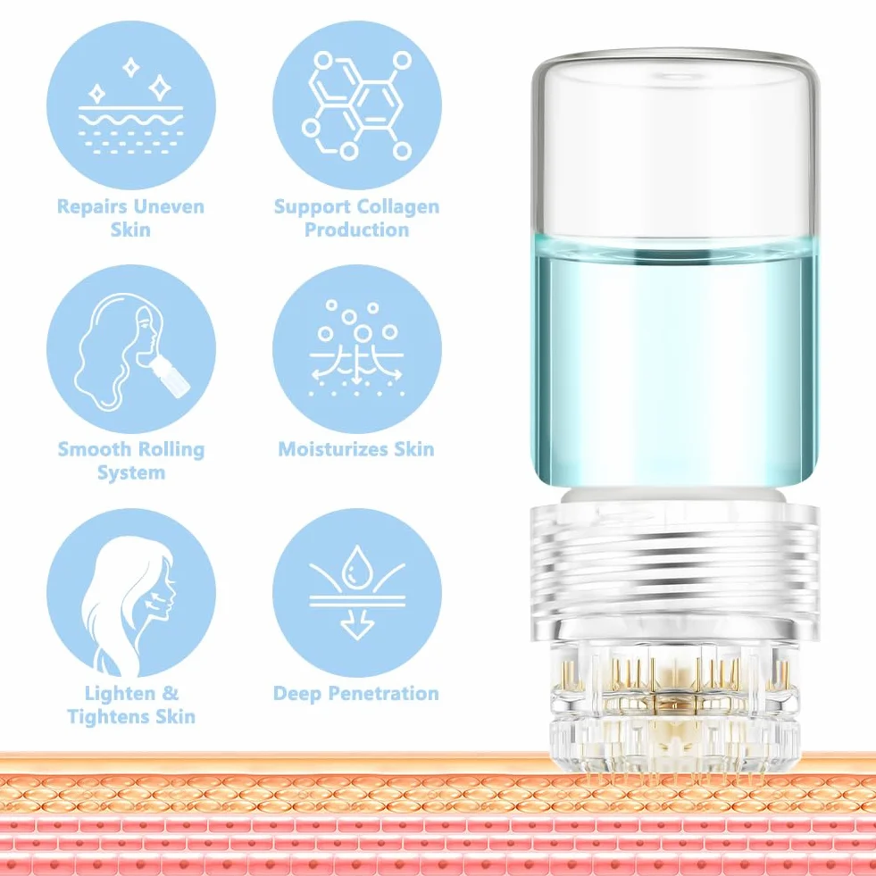 Microneedling Stamp 0.25 mm Titanium Needles, Dermaroller Facial, Titanium Beard Roller, 20 Pin with Refillable Serum Bottle