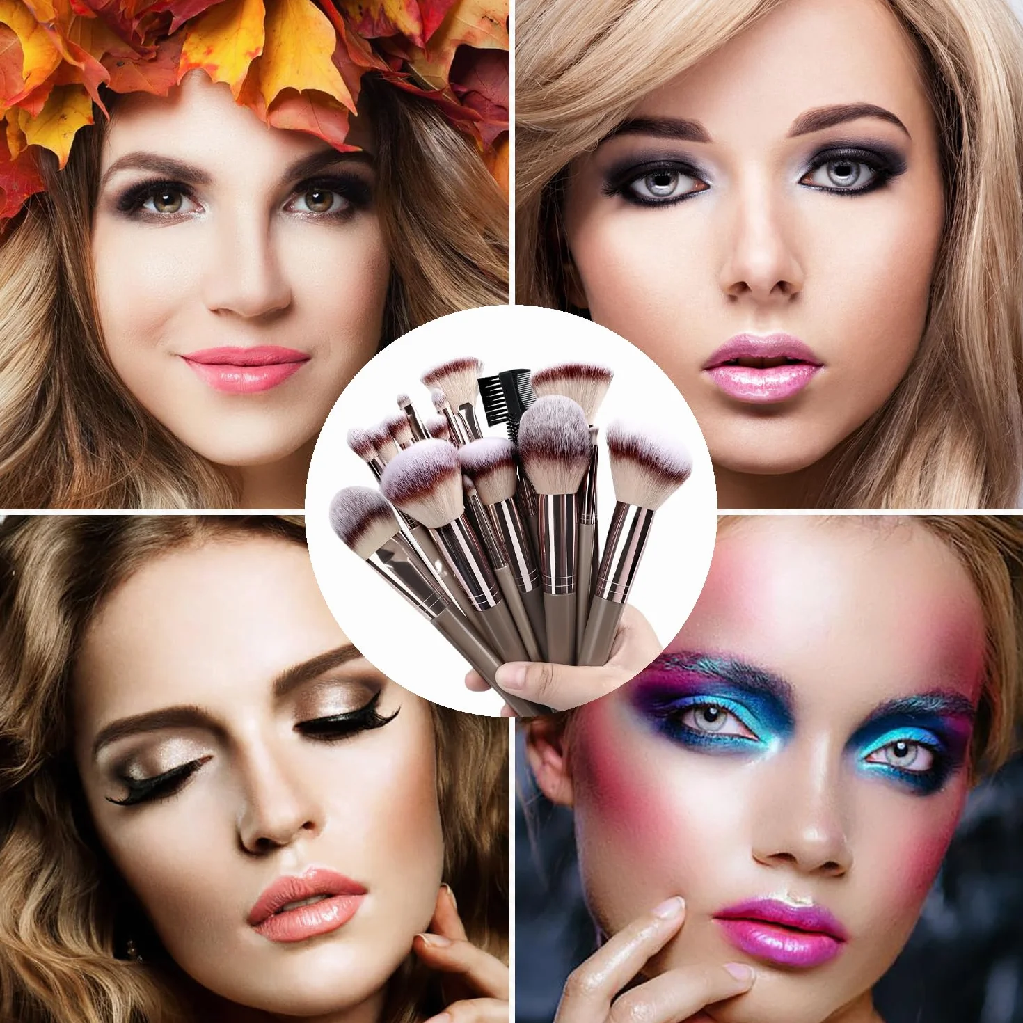 Juego de Brochas de Maquillaje Profesional 15 Piezas, Pinceles Sintéticos para Base, Ojos y Polvo con Bolsa