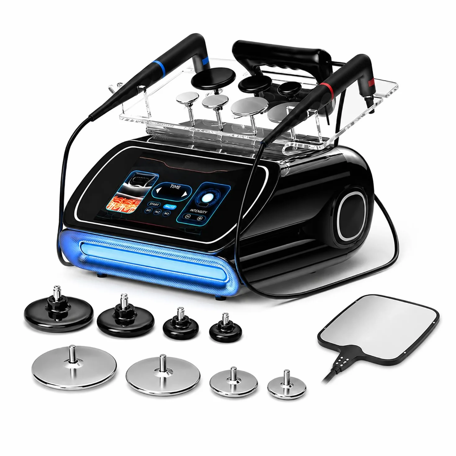 Ruijiazi Máquina Radiofrecuencia Corporal 448K EMS Profesional Viso | RF, EMS, 448K, fascia knife, 3 manípulos, 8 cabezales, placa negativa, uso hogar, spa, centro estético