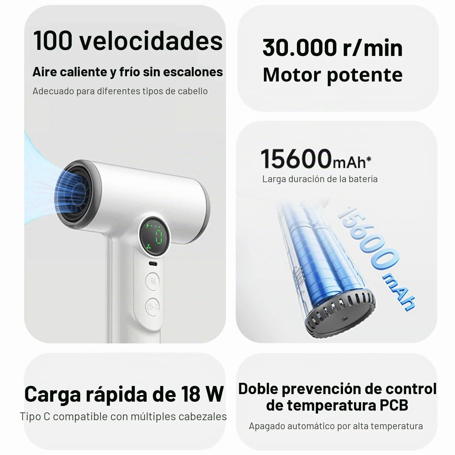 Bewinner Secador de Pelo Inalámbrico Profesional: Batería Recargable USB, 3 Velocidades y Temperaturas, Portátil Con Pantalla Digital Para Mujeres