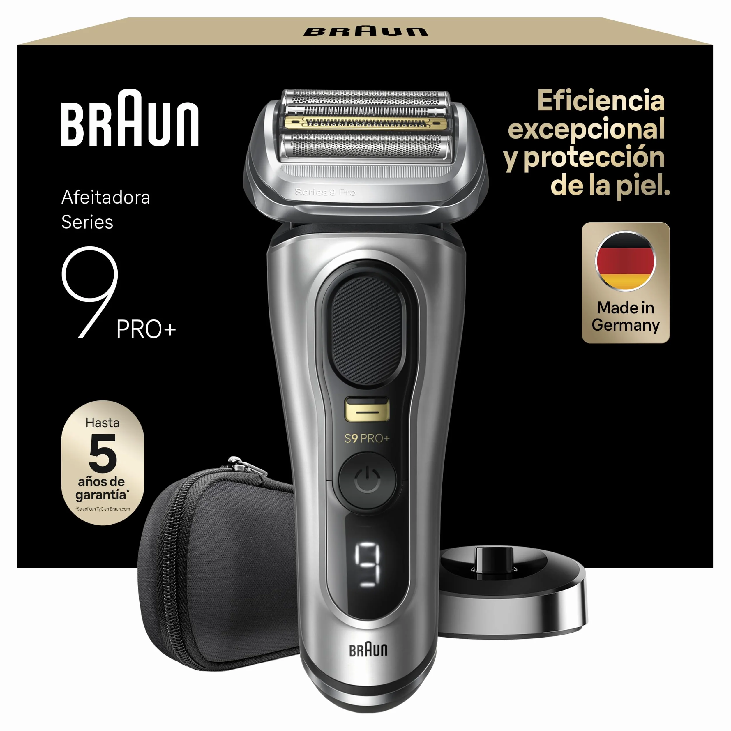 Braun Series 9 Pro+ Afeitadora Eléctrica Hombre, Máquina de Afeitar Barba con Base de Carga Y Funda de Viaje, en Seco Y en Mojado, 60 Min de Autonomía, 9517S, Plata