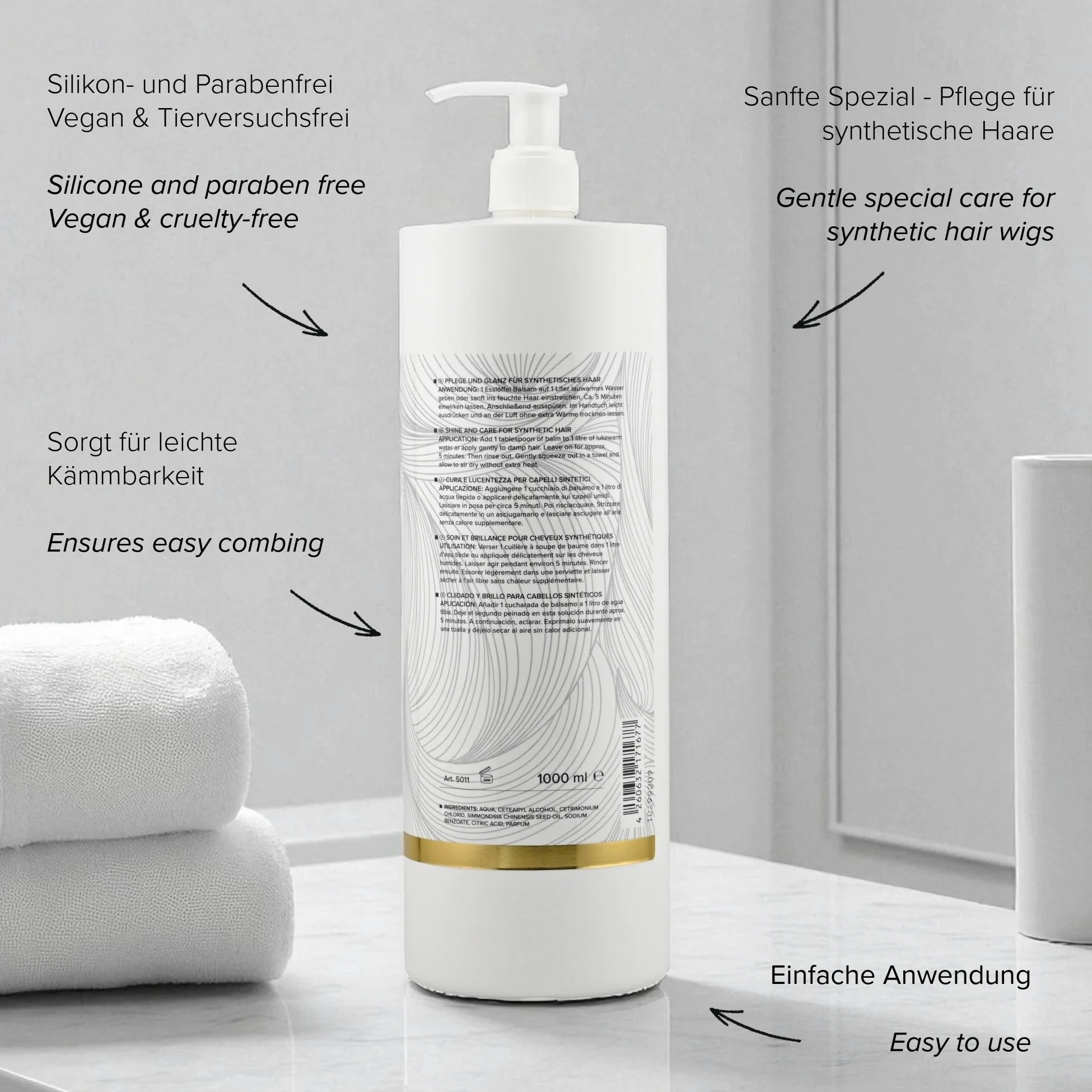 Juego de cuidado de pelo sintético para pelucas, champú y bálsamo, 1000 ml, limpieza suave para cabello sintético, especialmente para postizos y pelucas