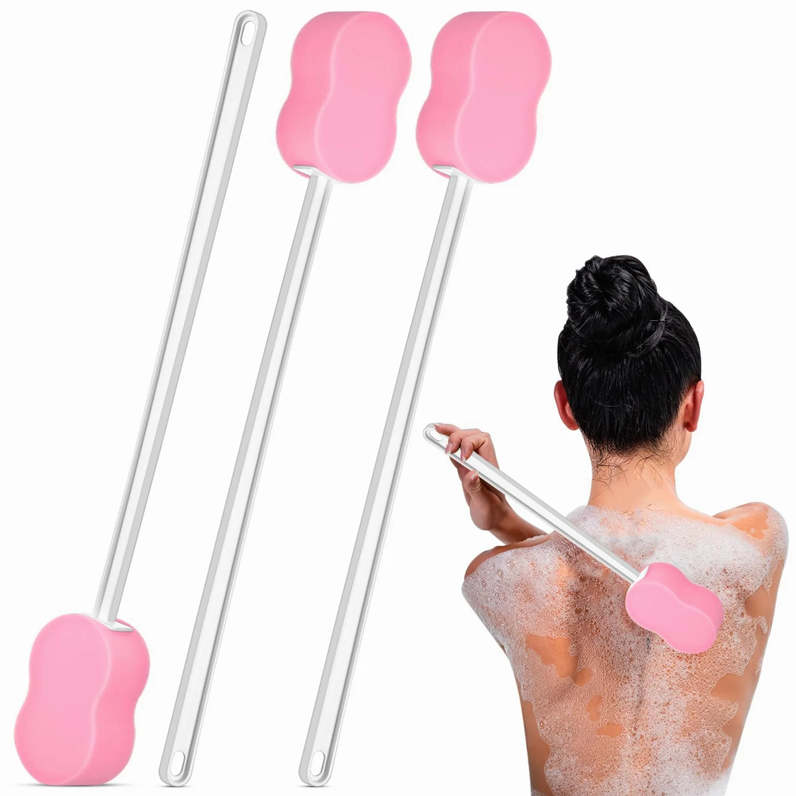 3 esponjas de mango largo de 22.4 pulgadas, esponja trasera en un cepillo corporal con mango para pies y cuerpo, movimiento limitado (rosa)