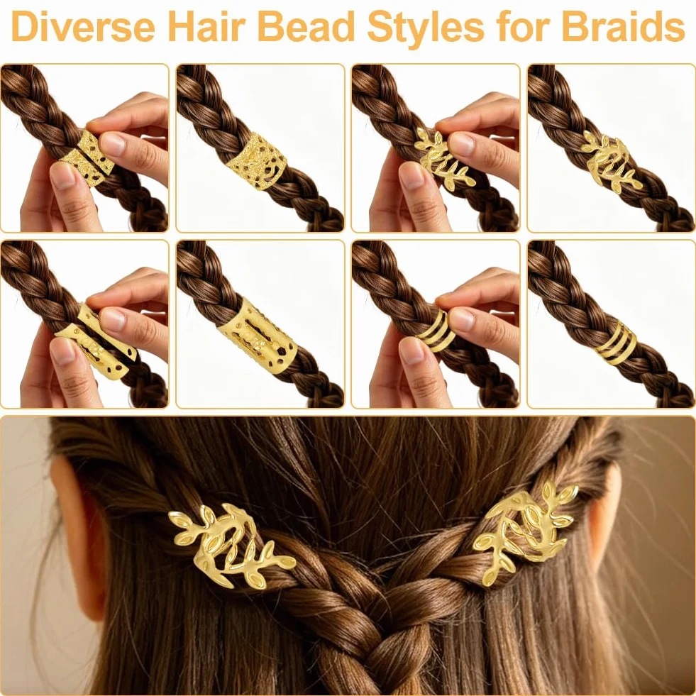 Joyería del Pelo 80 Pcs Accesorios para Rastas Trenzado Peinado (Oro)