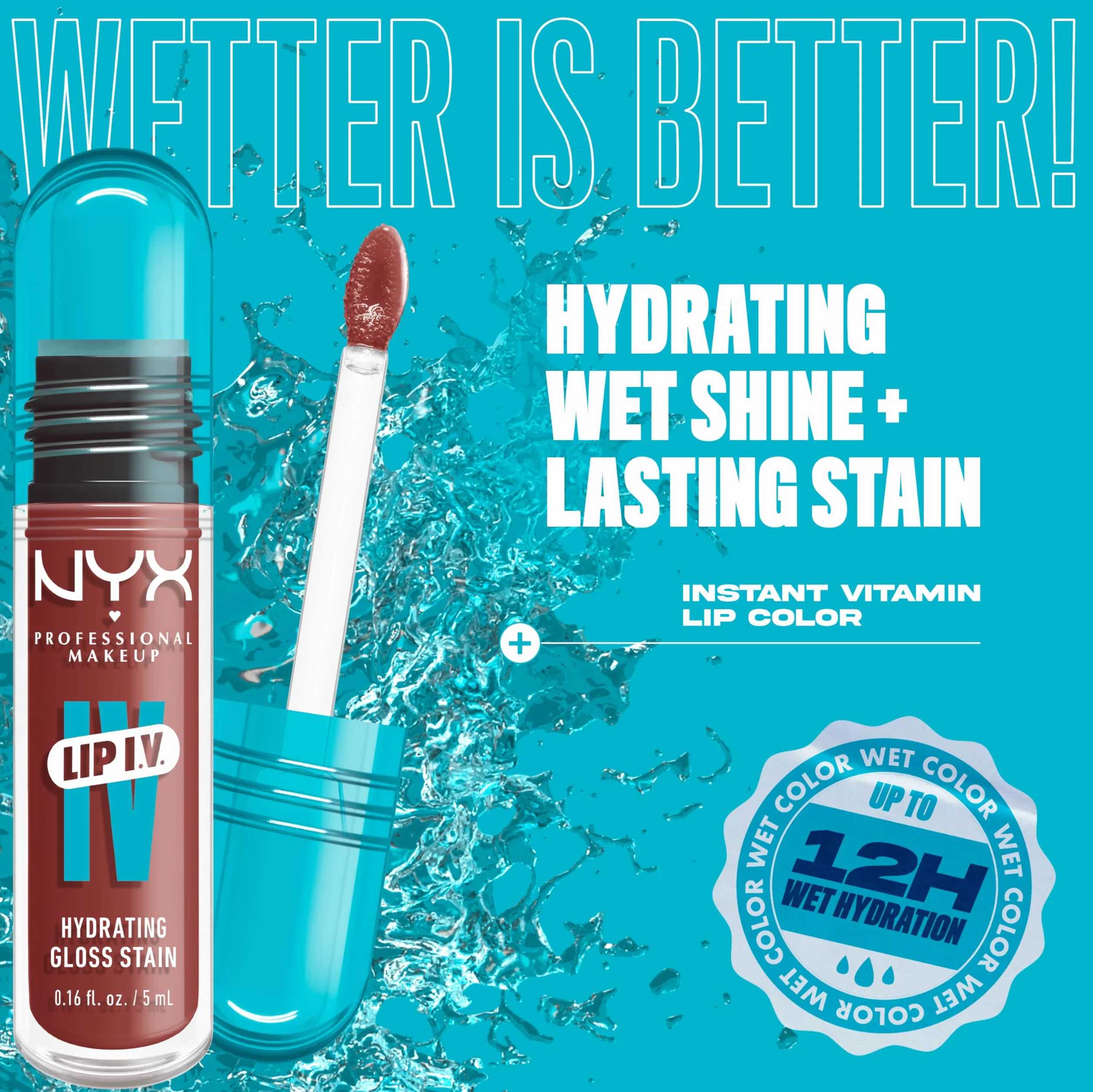 NYX Professional Makeup Lip IV Hydrating Gloss Stain, Hydra-Honey, Brillo de Labios Hidratante, Color y Brillo Efecto Húmedo, 12H Hidratación