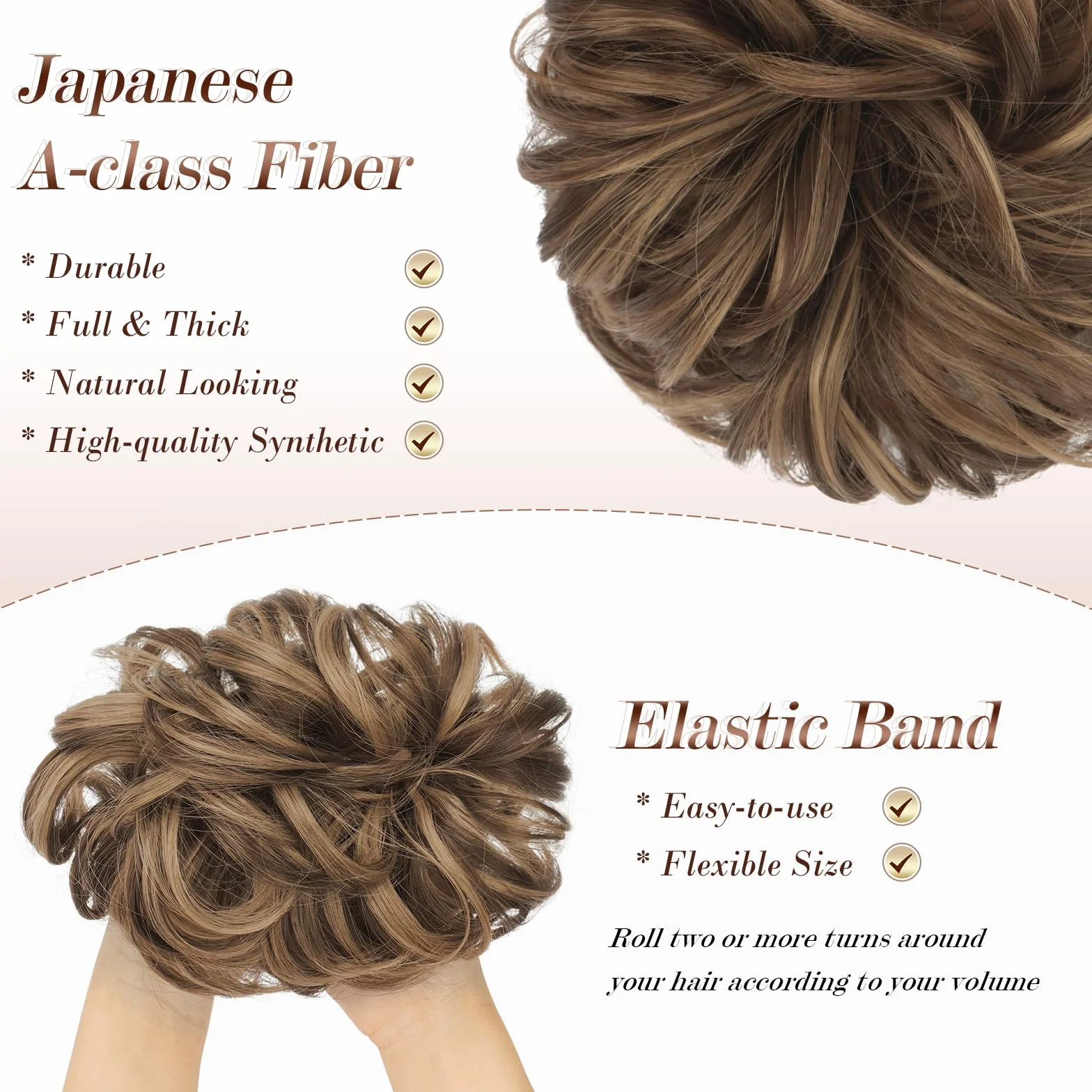 FESHFEN Moños Postizos Pelo Natural Rizado Ondulado Castaño Ceniza Claro Mezcla Castaño Dorado 42 g
