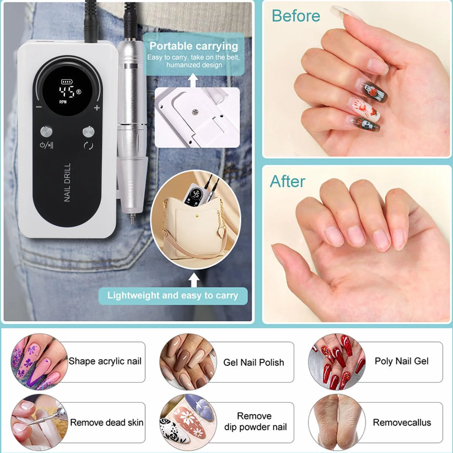 Taladro de Uñas Eléctrico Portátil, Kit de Pedicura de Manicura de Velocidad Recargable de 45000 Rpm, Herramienta de Pulido de Uñas con Múltiples Cabezales de Pulido, para Pulido
