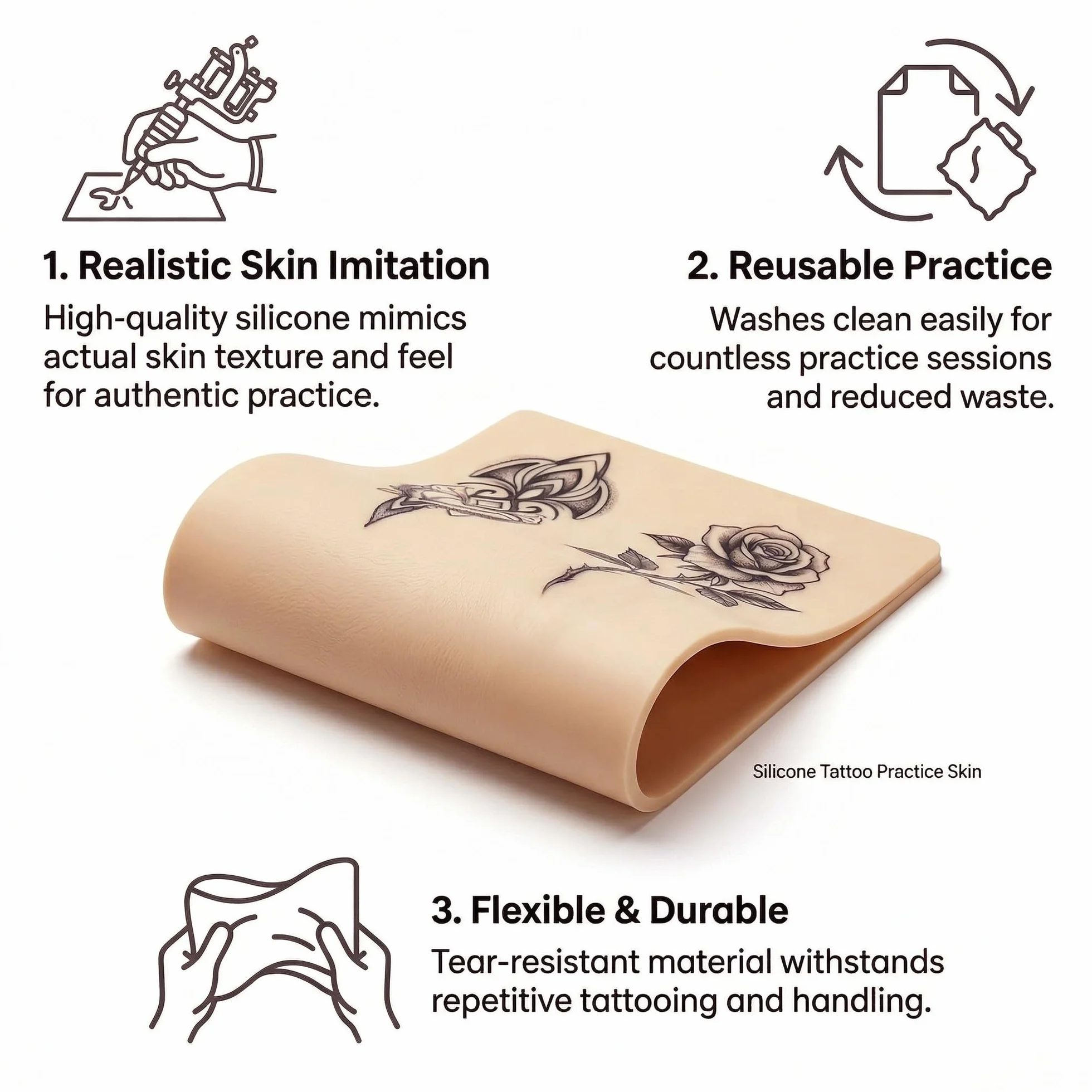 Piel artificial del tatuaje de 3 mm,6 piezas de piel engrosada de entrenamiento de tatuaje,tatuaje de piel sintética es muy bueno para practicar & para principiantes (6)