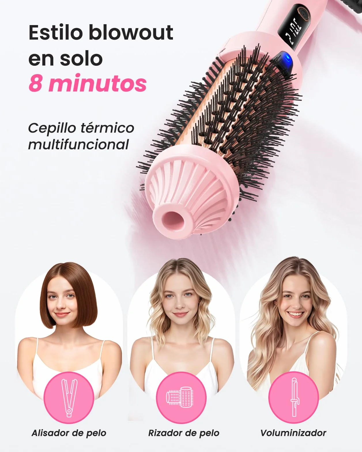Haokoo Cepillo Térmico Redondo 38 mm, Alisador y Moldeador de Pelo, Iónico Cerámico Antifrizz, 6 Temperaturas LCD, Doble Voltaje, Rosa