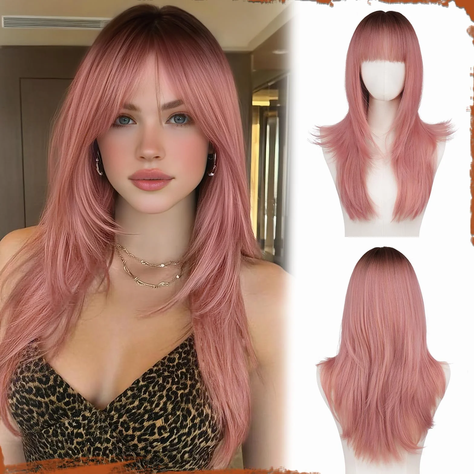 Pelucas Largas en Capas con Flequillo Resistente al Calor Sintético para Mujer Halloween Fiesta Rosa