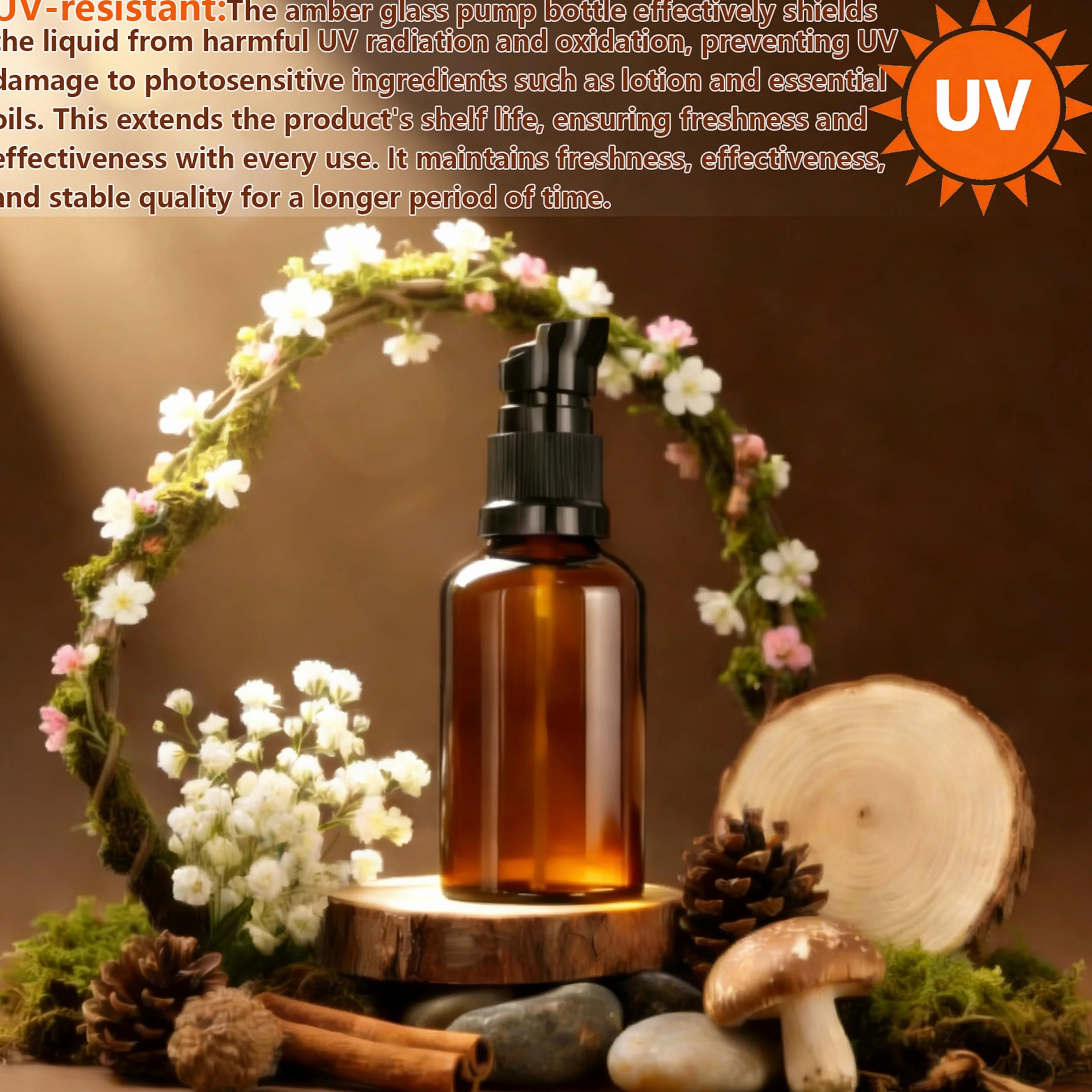 Botellas de Vidrio Marrón 50ml con Bomba, Protección UV, Rellenables para Aceites Esenciales