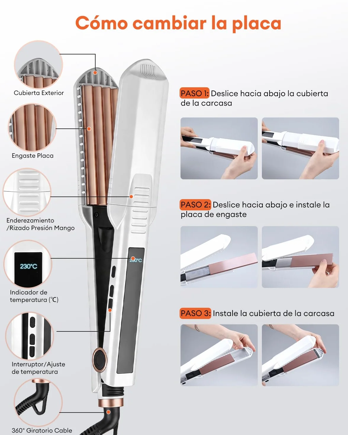 Planchas del Pelo Ceramic Crimp 3 in 1, Cerámica Anti-Estática, 6 Temperatura Ajustables 130-230 ℃, Calentamiento Instantáneo, Rizador Pelo Ondas Para Crear Volumen y Textura