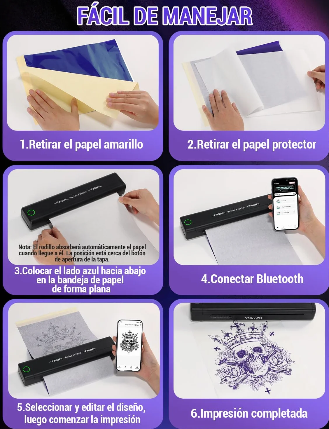 YOHOOLYO Termocopiadora Tattoo Bluetooth Impresora Termica Tattoo Portatil 203 DPI Compatible con Smartphones Tabletas Incluye 10 Hojas de Transferencia para Tatuadores Principiantes