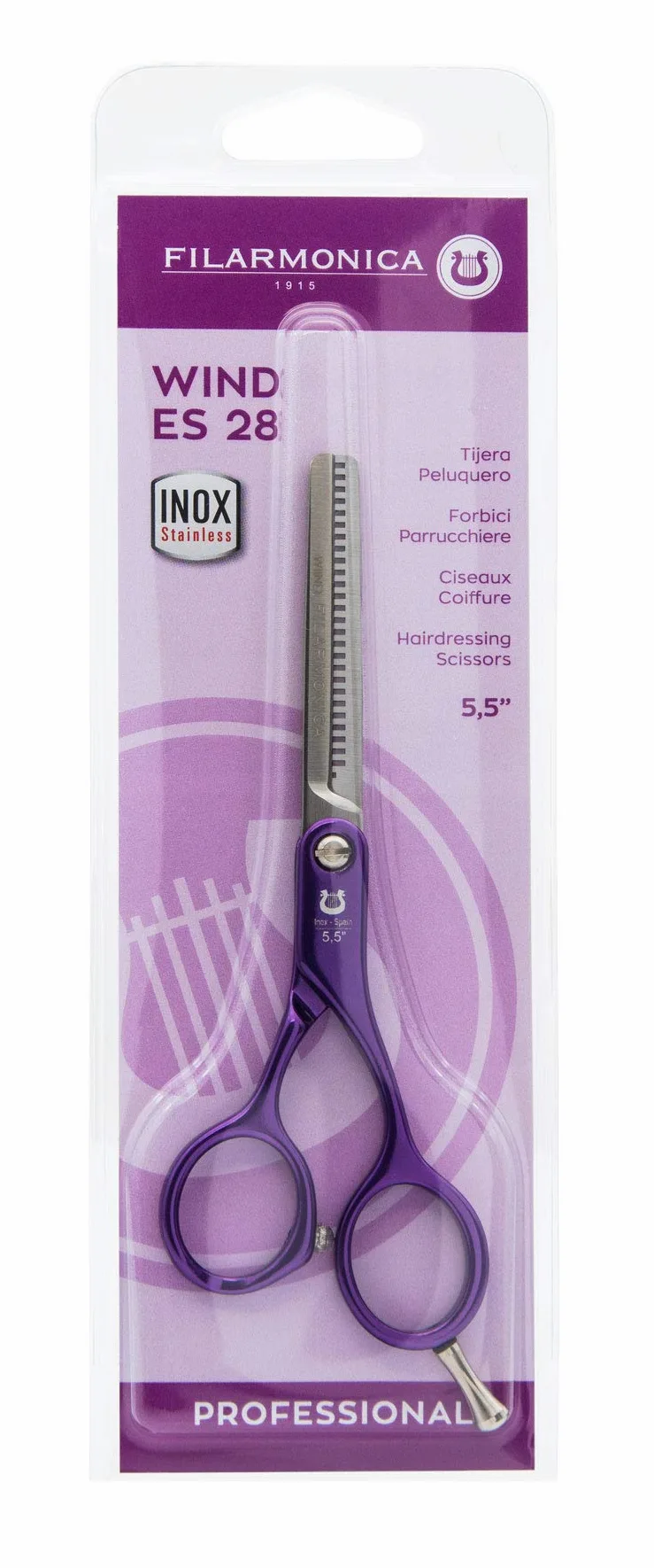 FILARMONICA 28040 Tijera de Esculpir Peluquería Profesional Alta Dureza del Filo, de Acero Inoxidable y Mangos de Aluminio Muy Ligera con Tornillo Regulable para Salón Belleza (28 Dientes), Wind, 5.5"